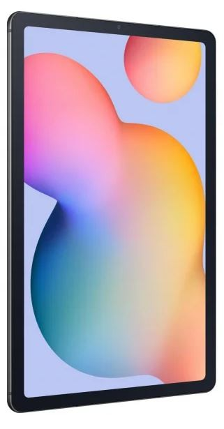 Tablet z kolorowym, abstrakcyjnym tłem w kolorach różowym, żółtym, niebieskim i białym. Czarna ramka otacza ekran.