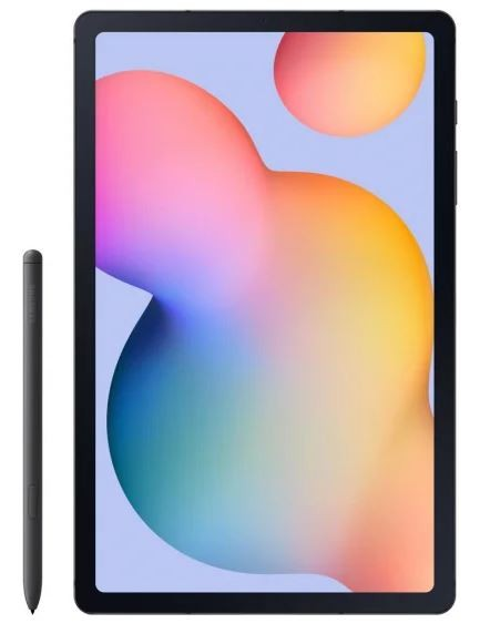 Czarny tablet z rysikiem, wyświetlający kolorowe, abstrakcyjne tło.