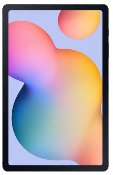 Tablet z czarną ramką, wyświetlający kolorowe abstrakcyjne kształty w gradientu kolorów na niebieskim tle.
