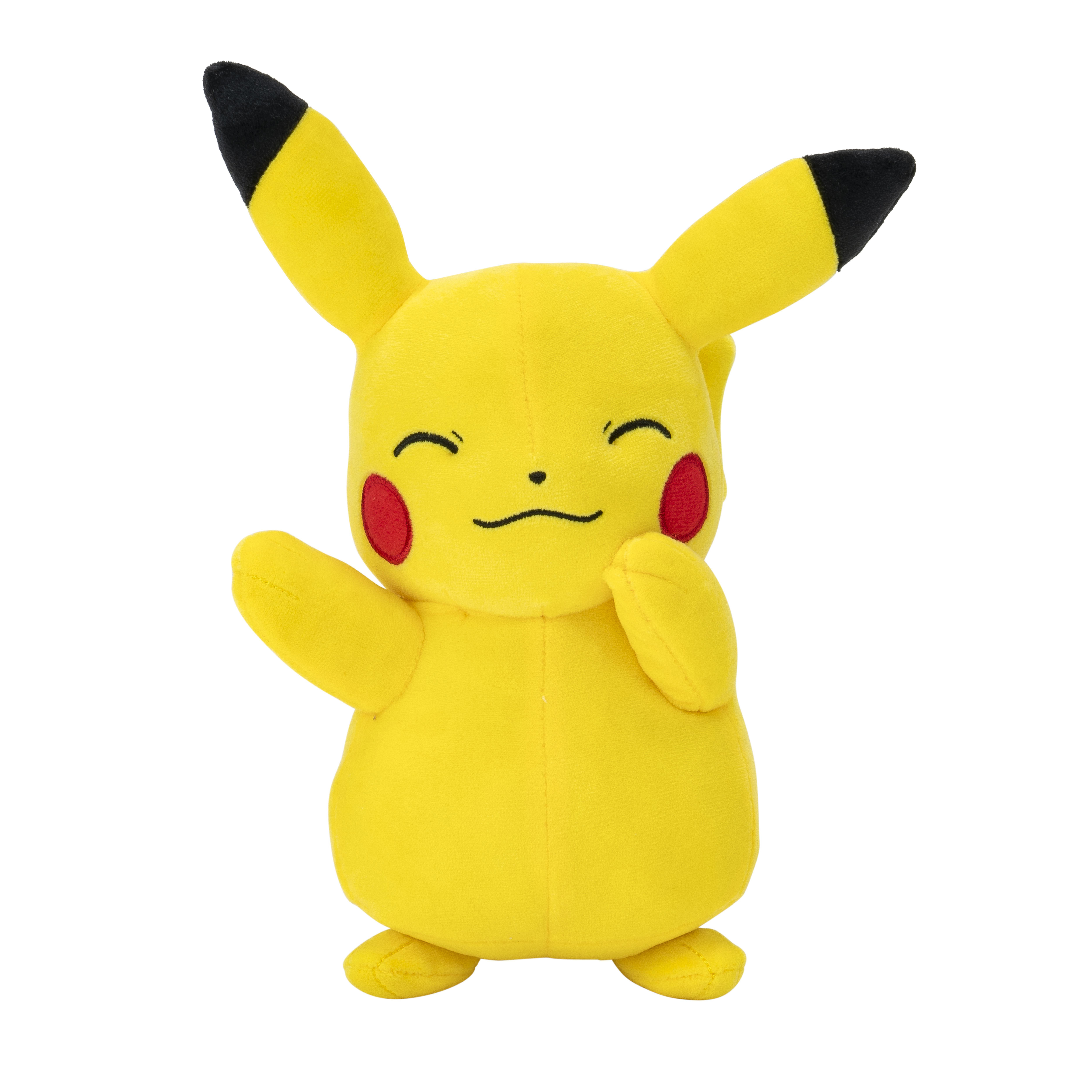 Gelbes Pikachu-Plüschtier mit schwarzen Ohren und roten Wangen, lächelnd und winkend.