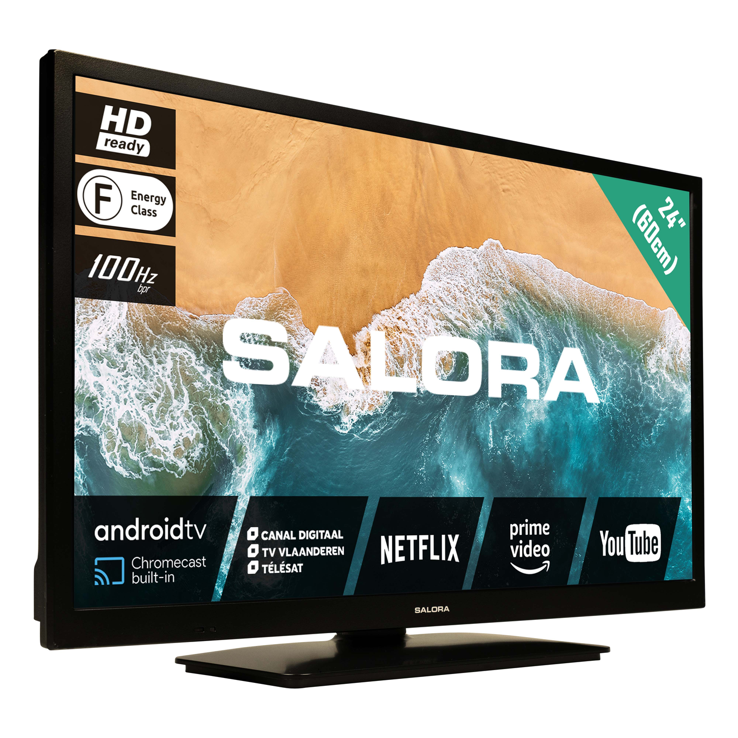 A black Salora TV with a beach scene on the screen. Features include Android TV, Netflix, and Youtube.