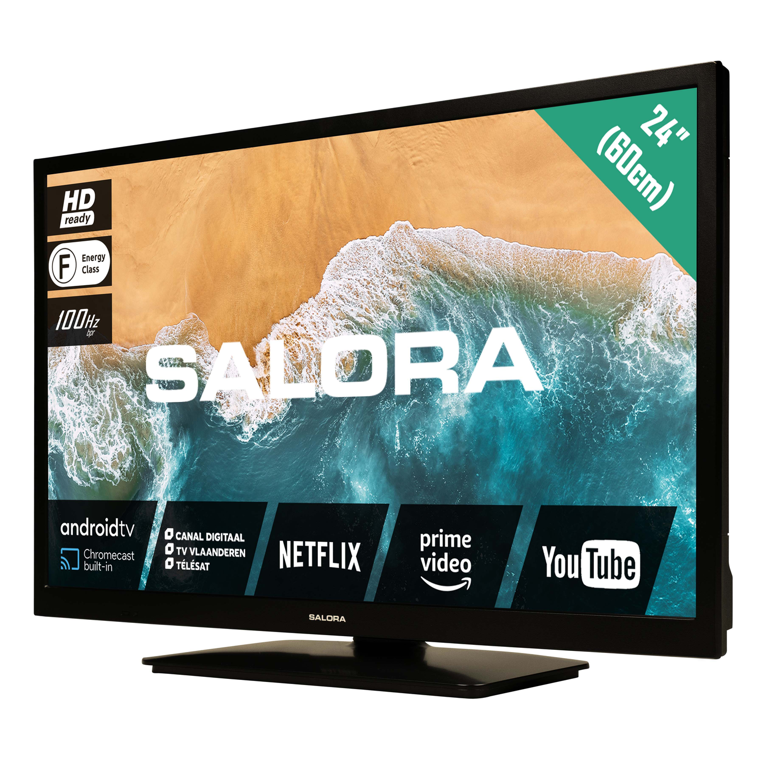 Black Salora TV. The screen displays an ocean scene. Netflix, YouTube, and other apps shown.