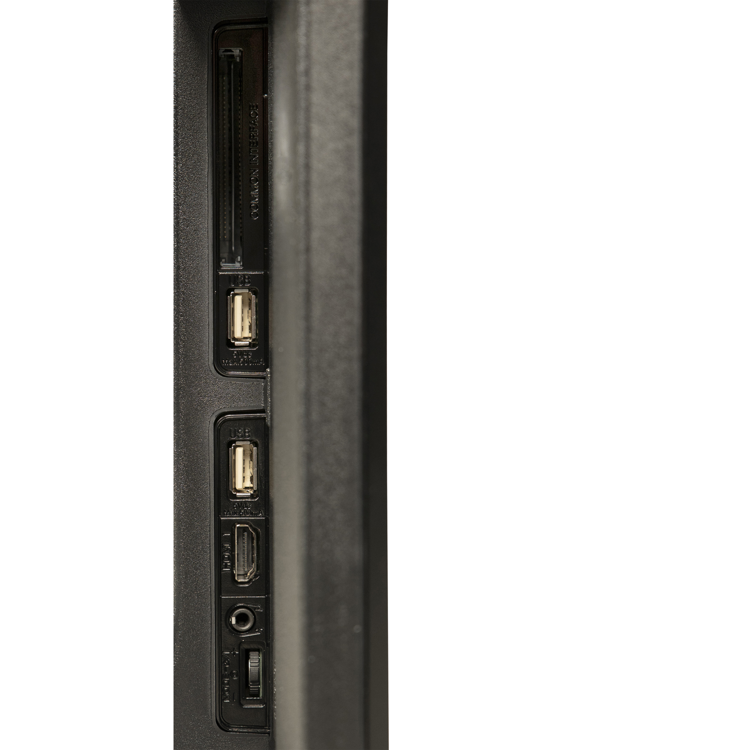Close up of TV ports. Includes USB, HDMI, and other connection options.
