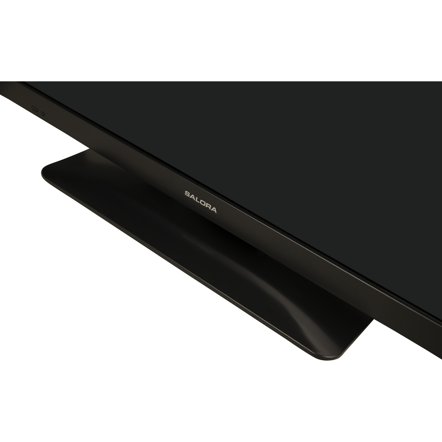 A black TV with a black base. SALORA is written on the base. White background.