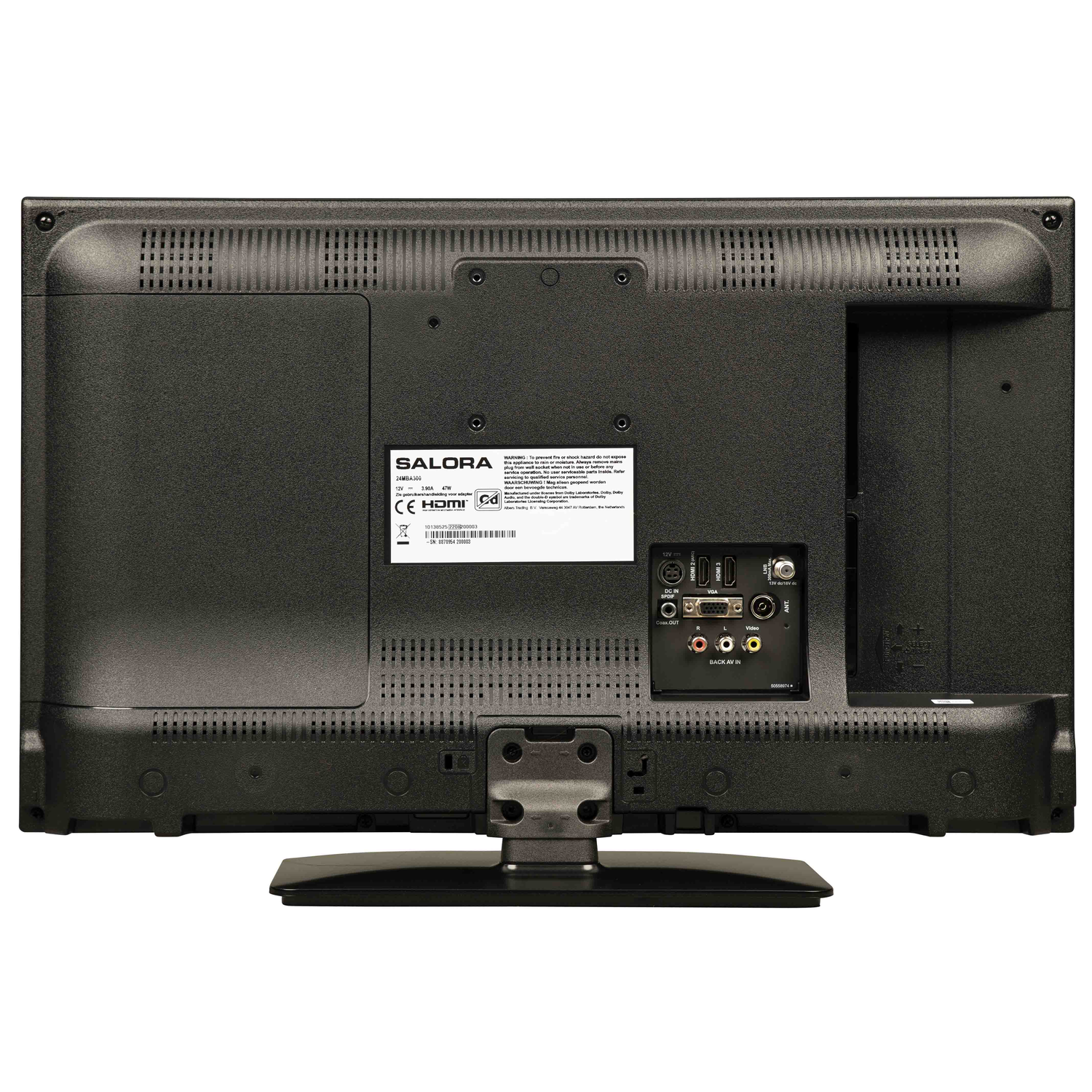 The back of a black TV with ports and a stand. The brand Salora is visible, with a label.