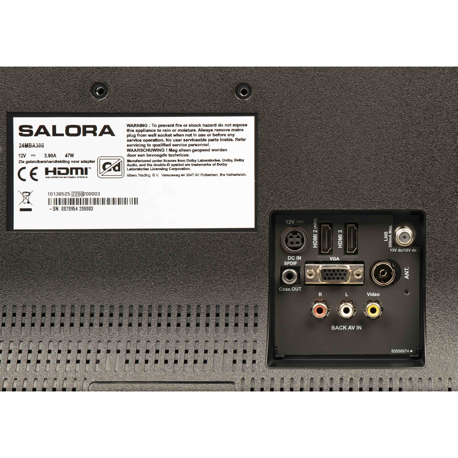 The back of a TV, showing inputs. Includes HDMI, USB, and other ports. Text is in English.