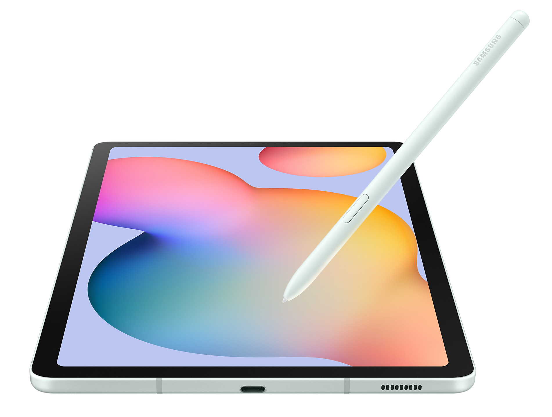 Tablet Samsung z rysikiem. Ekran pokazuje kolorowe, abstrakcyjne tło. Tablet jest miętowo zielony.