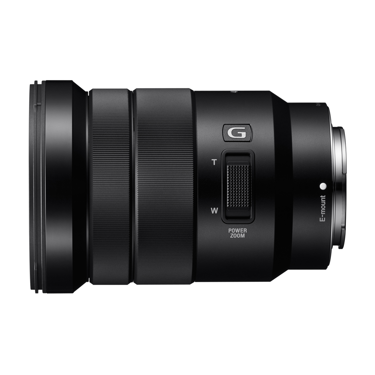 Obiettivo della fotocamera nero con controlli dello zoom e la lettera G. L'obiettivo ha una forma cilindrica.