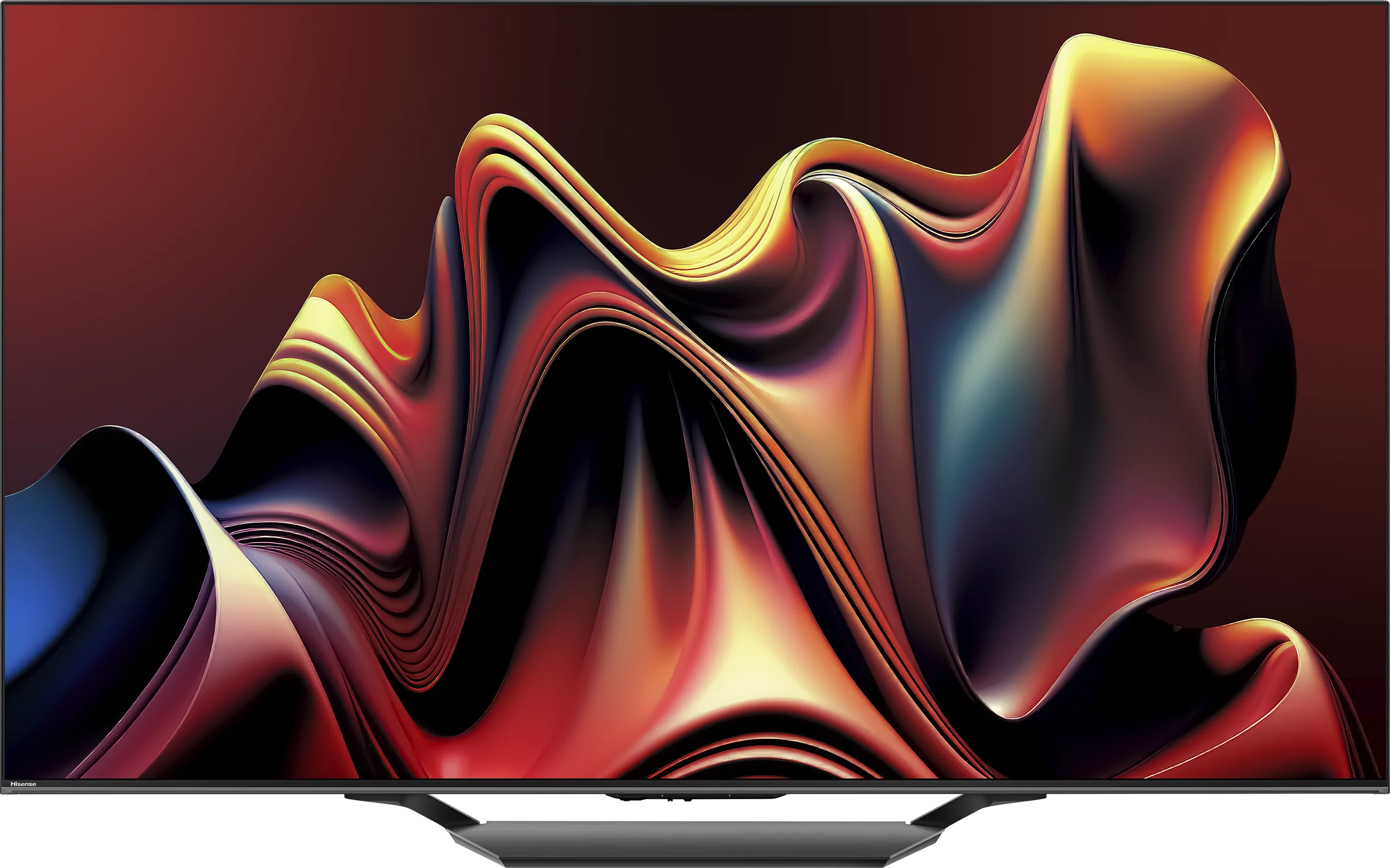 Ein großer Fernseher mit geschwungenem Bildschirm, der ein abstraktes, farbenfrohes, wellenförmiges Design zeigt.