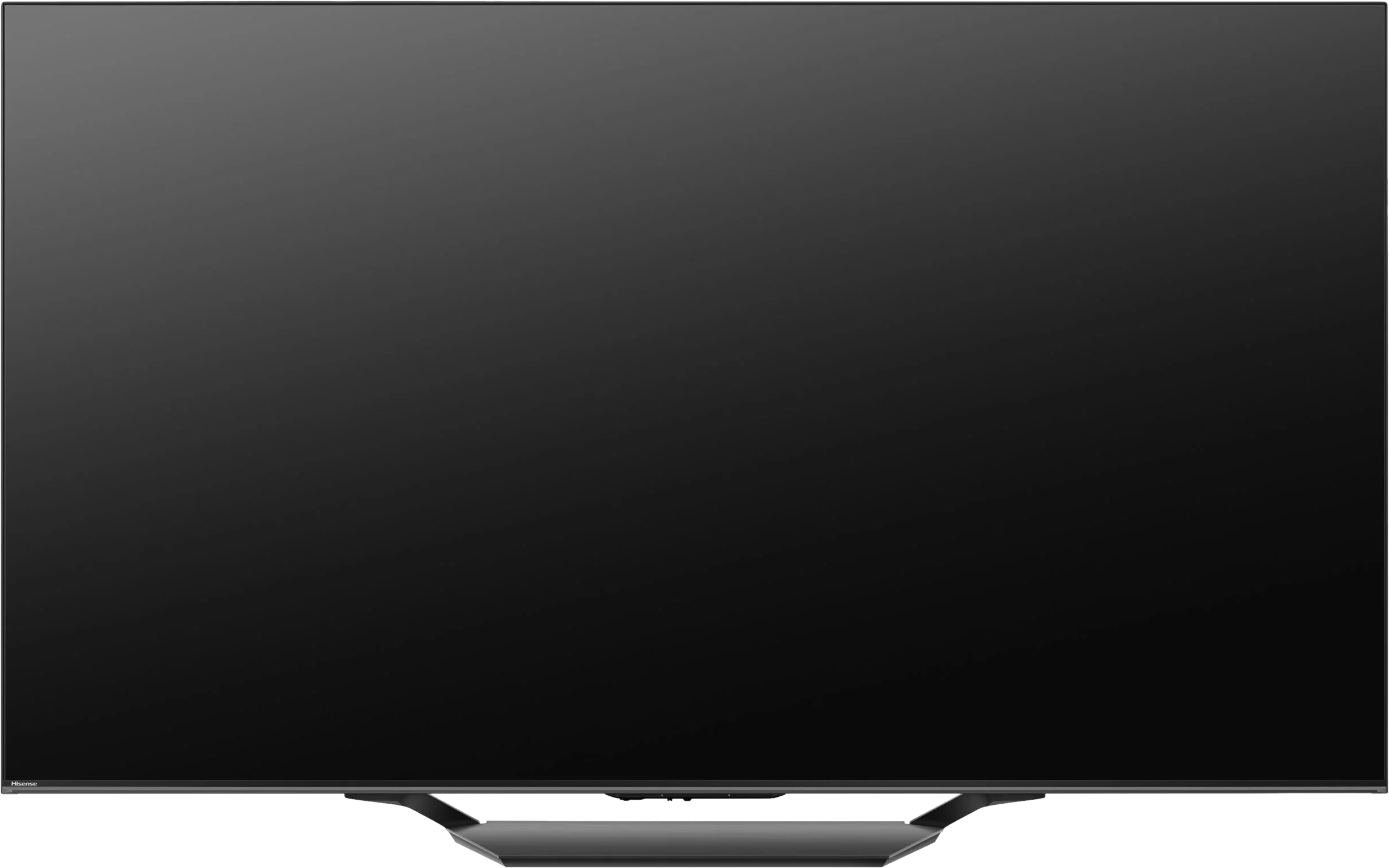 Schwarzer Hisense-Fernseher, ausgeschaltet, mit silbernem Ständer. Der Bildschirm ist komplett schwarz.