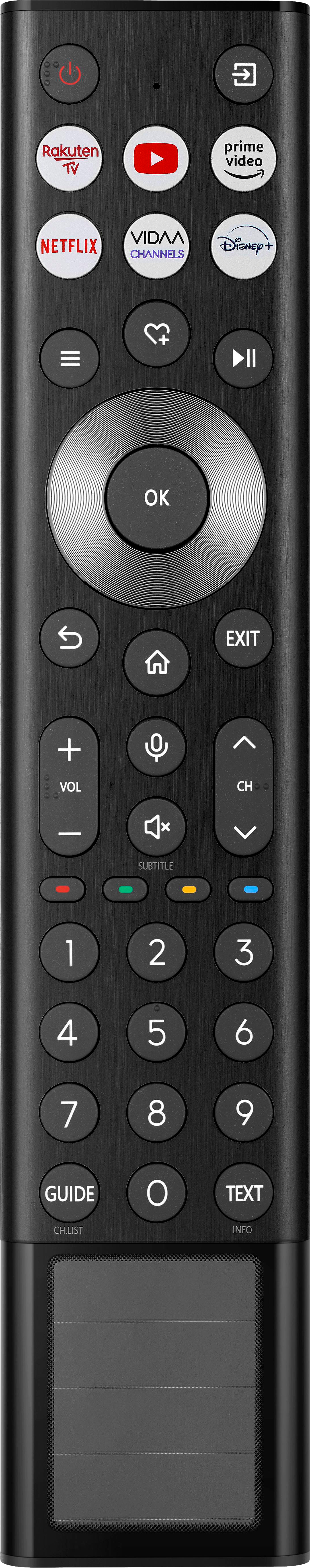 TV-Fernbedienung mit vielen Tasten, darunter Ein/Aus, Apps und ein Richtungspad.