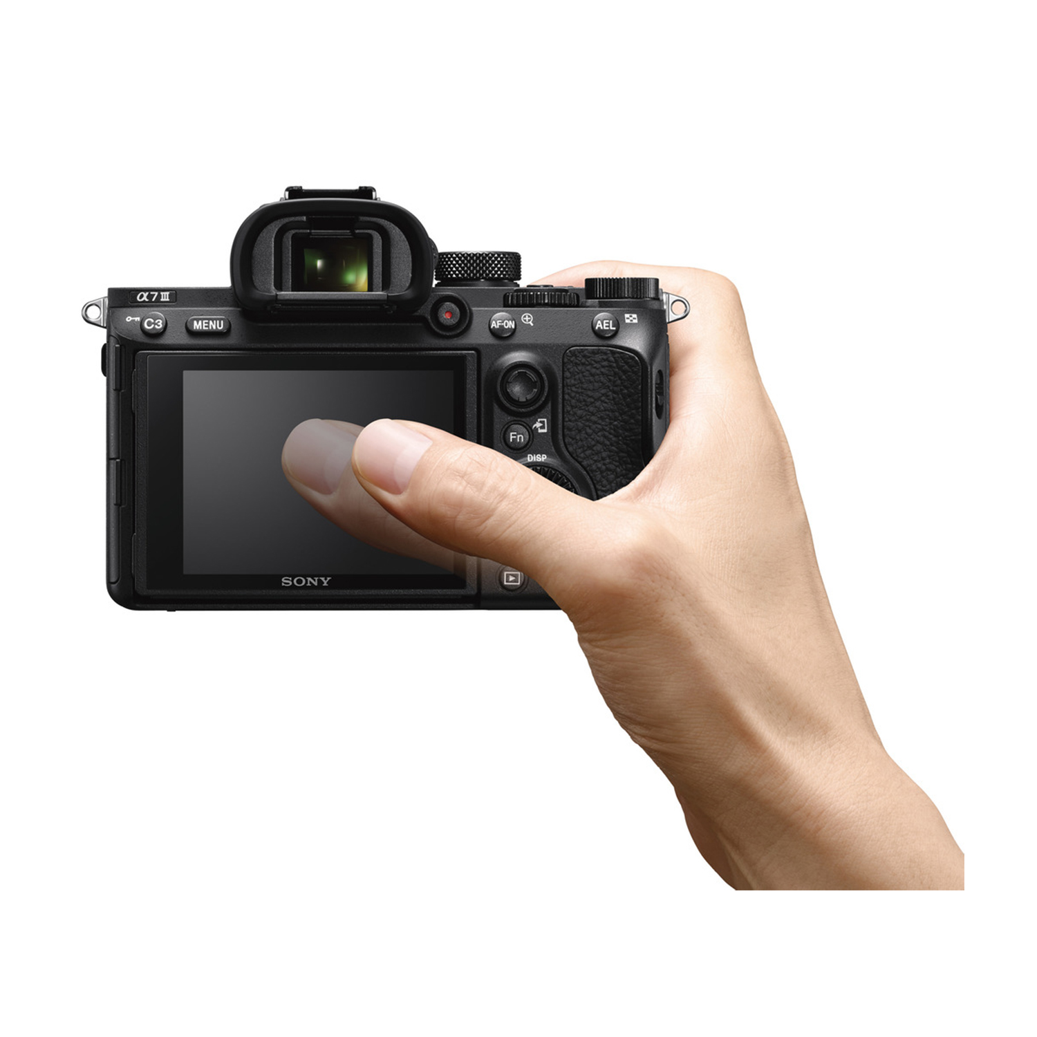 Una mano che tiene una fotocamera Sony nera, con schermo visibile.