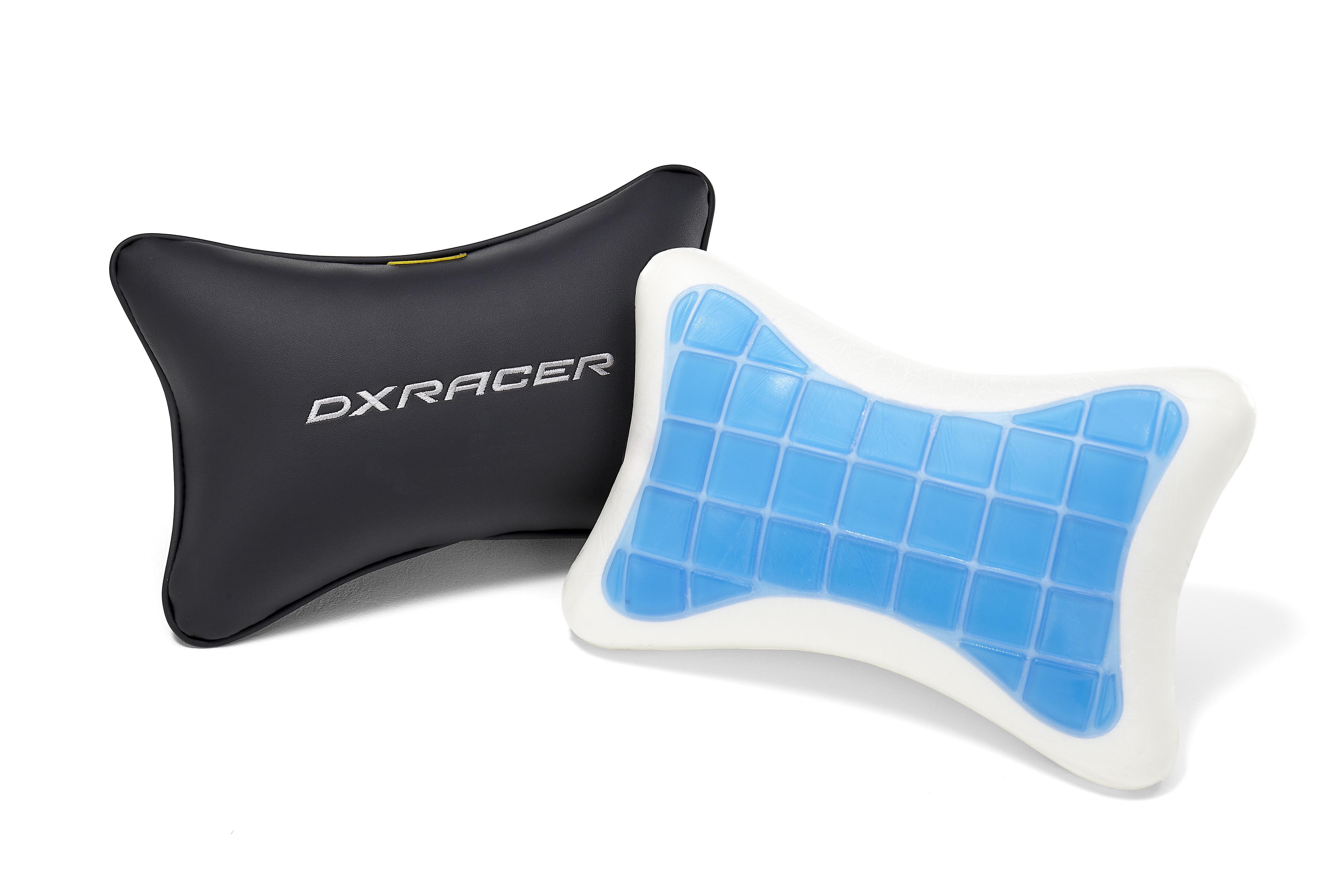 Zwei schwarz-weiße DX RACER-Kissen. Eines hat ein Gel-Interieur.