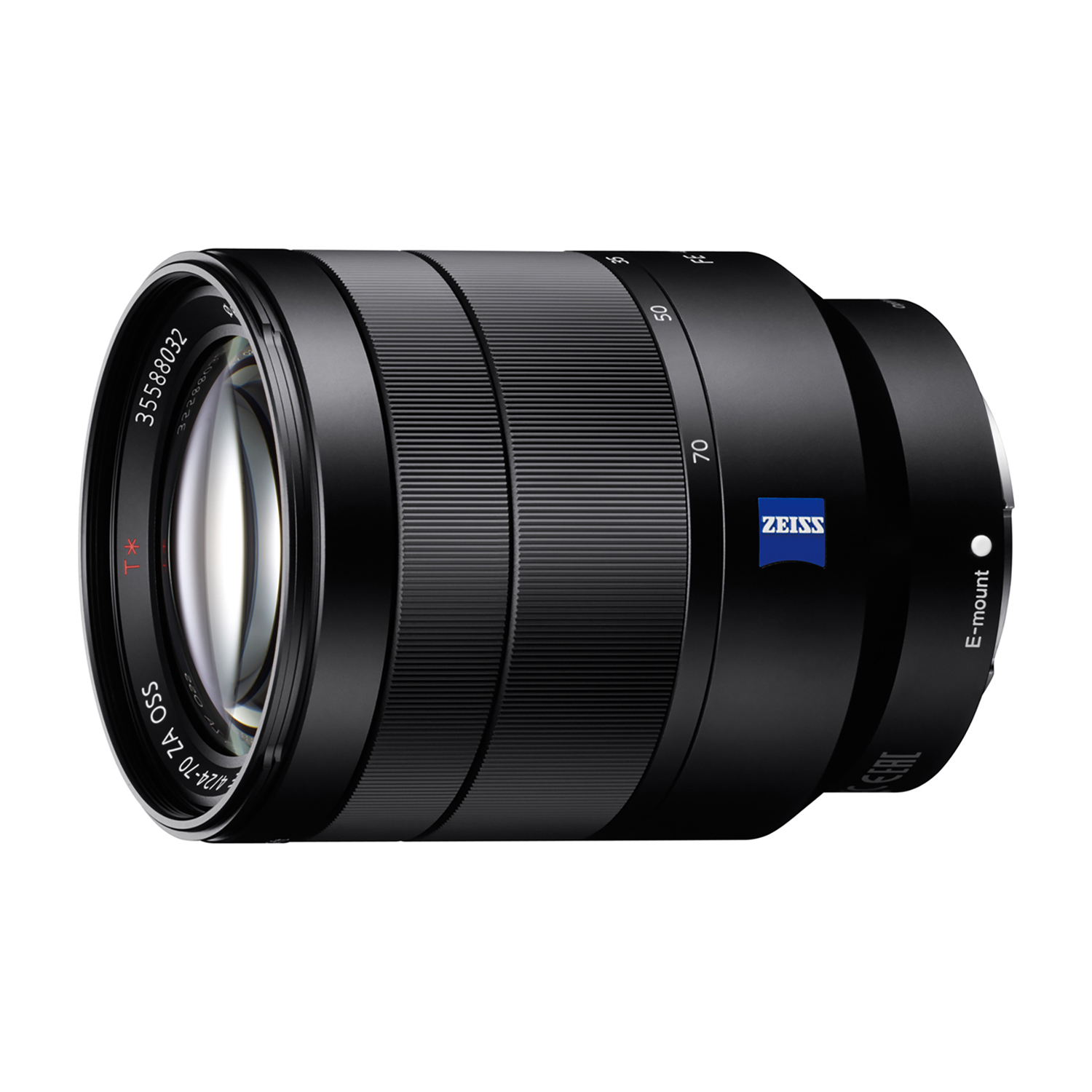 Obiettivo della fotocamera nero con logo "ZEISS" e varie indicazioni. L'obiettivo è progettato per fotocamera.
