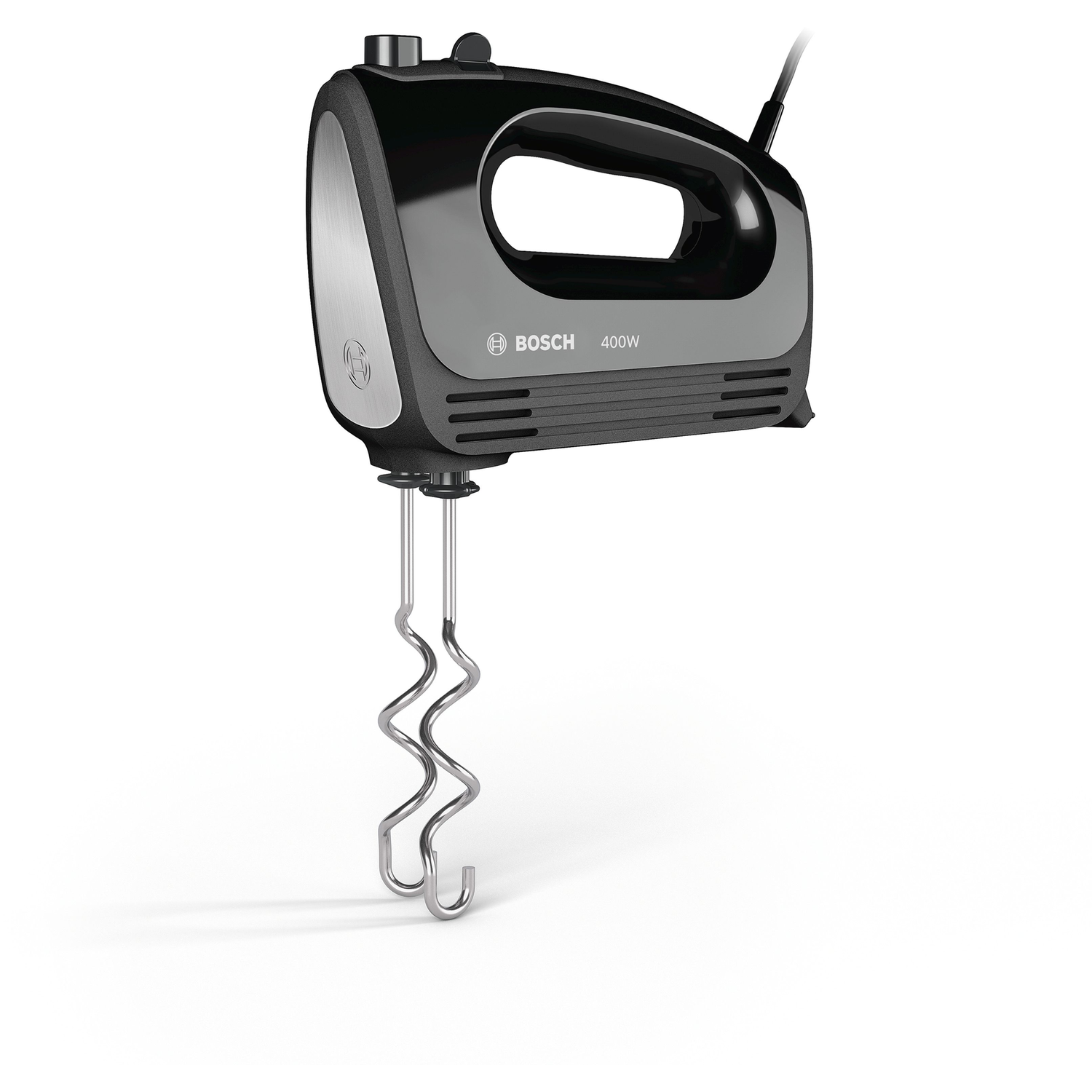 Black Bosch hand mixer with beaters, on a white background, in a studio shot.