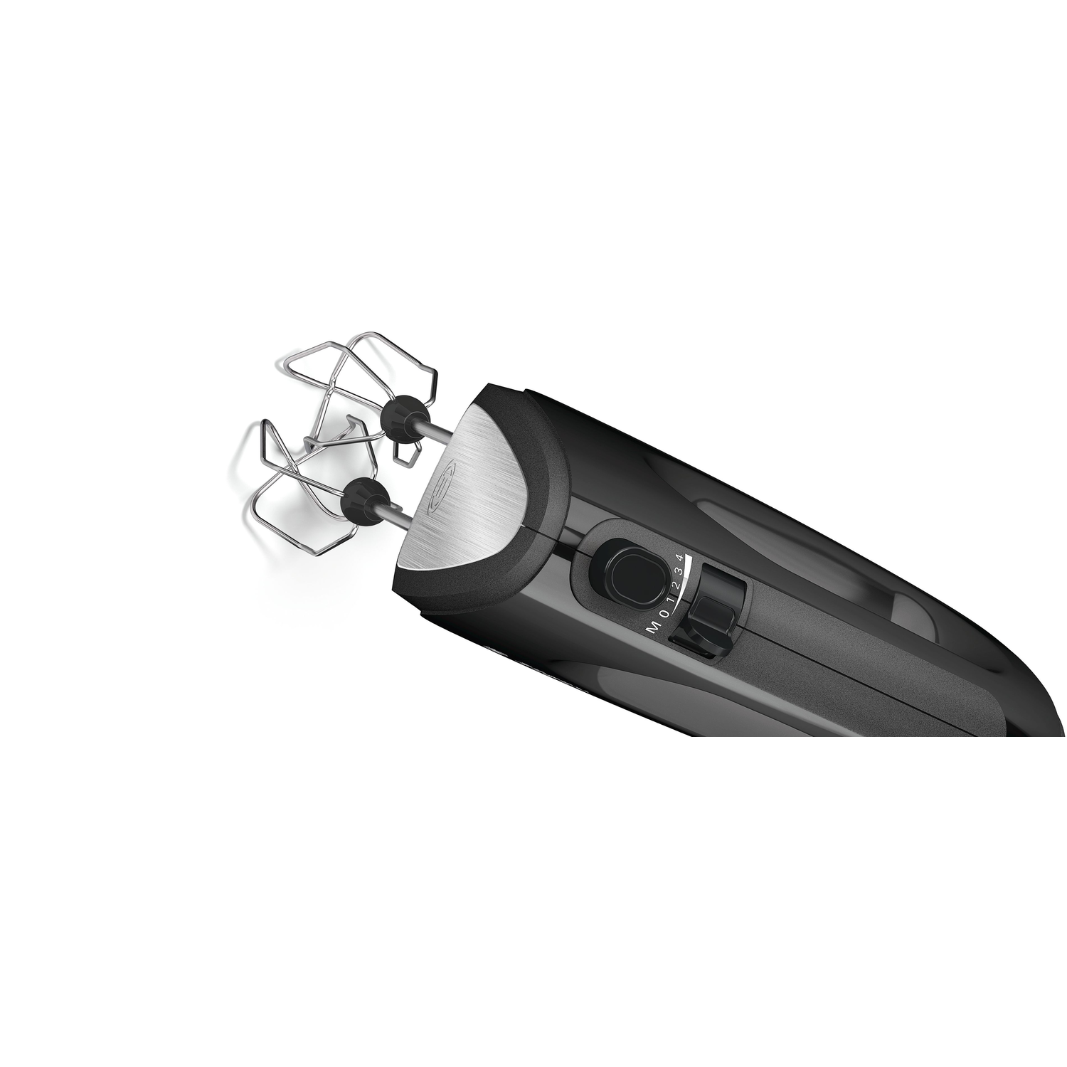 Black hand mixer with two beaters, on a white surface.