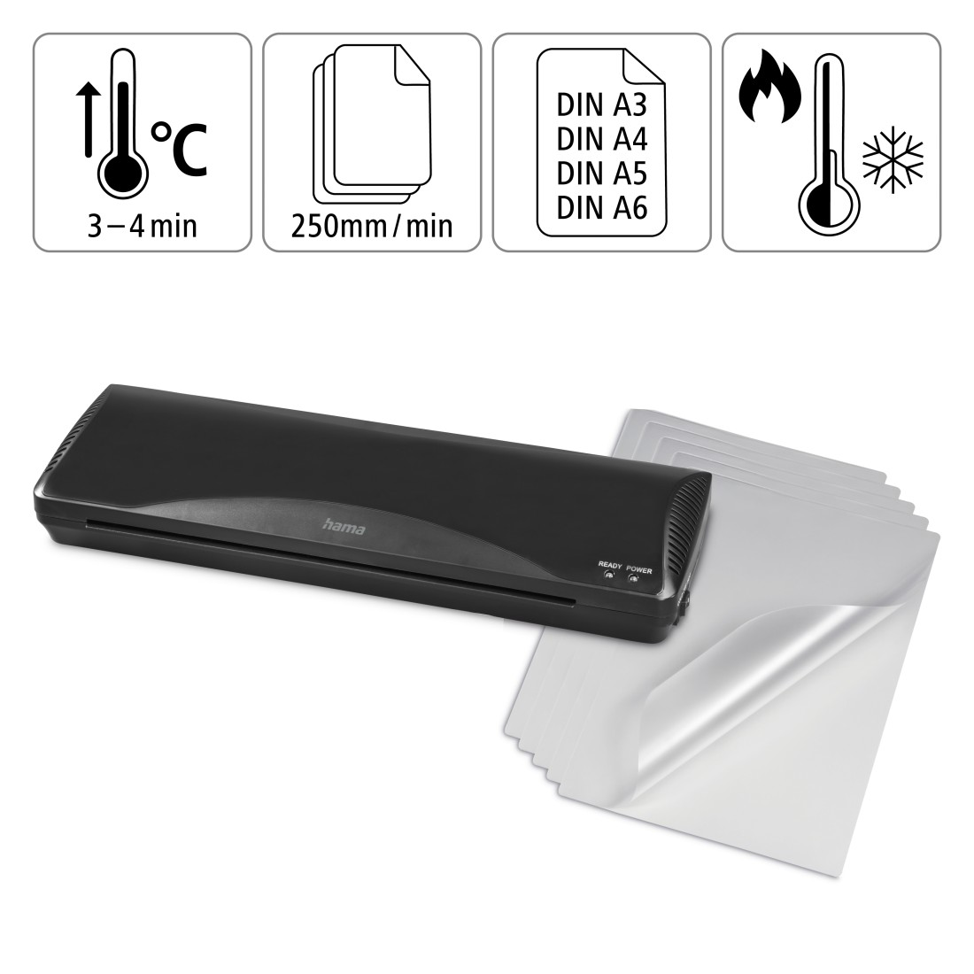 Laminadora negra con iconos, papel y detalles. Tiene una luz de encendido.