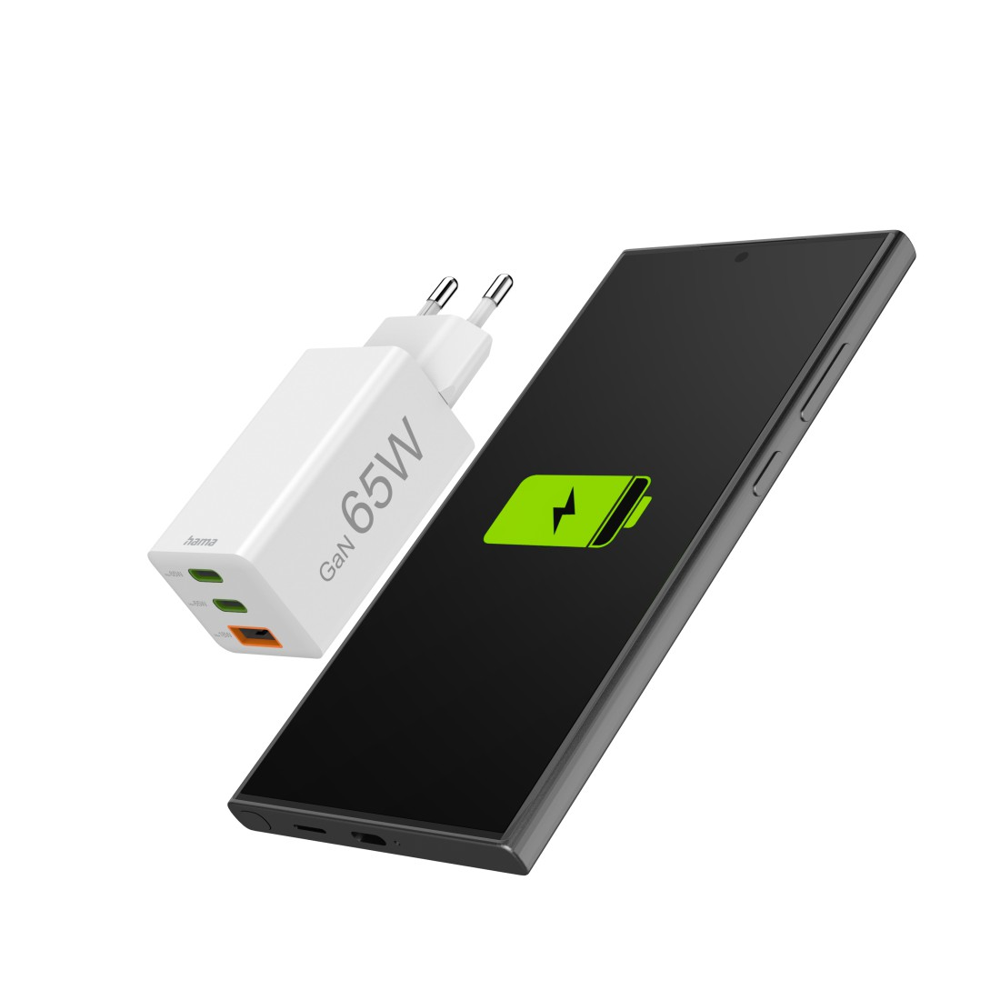 Un cargador y un teléfono cargándose con un icono de batería.