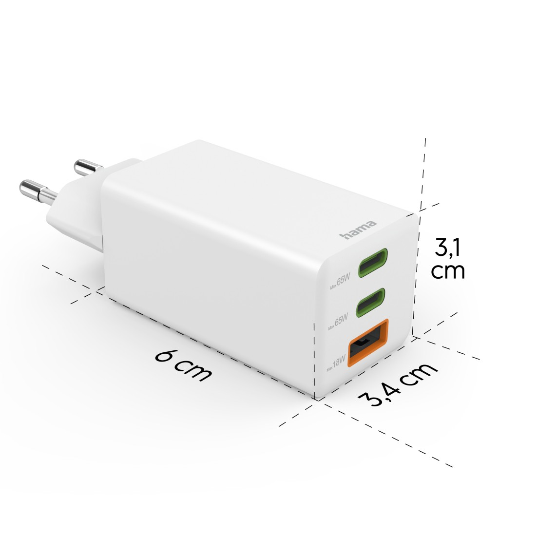 Cargador Hama blanco con tres puertos, dimensiones mostradas. Puertos verde y naranja.