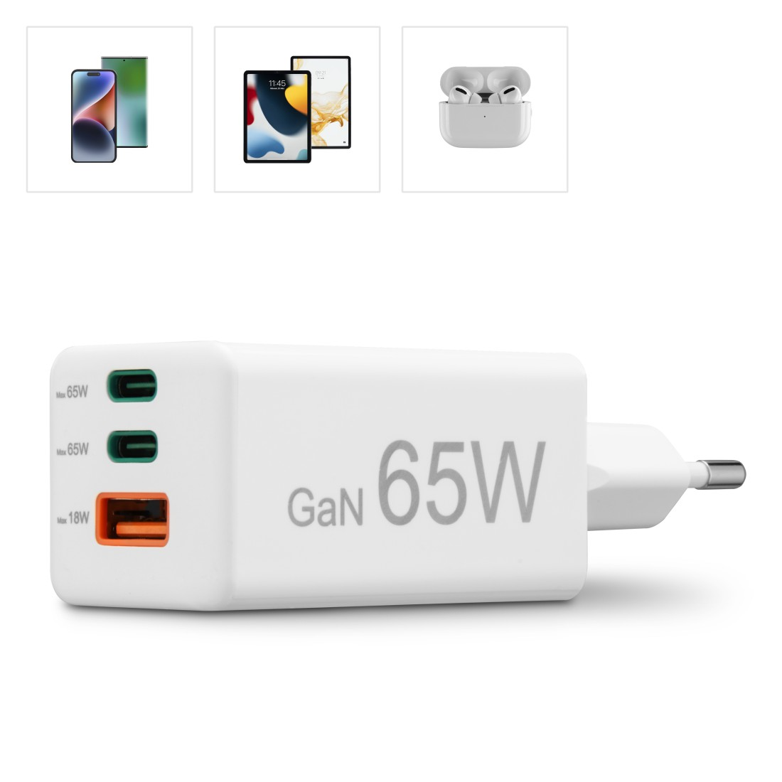 Cargador blanco con teléfono, tableta y auriculares arriba.