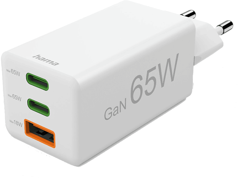 Cargador para portátil - Hama 00201996, Universal, 2xUSB-C+ 1xUSB-A, 65W, 220V, Enchufe Europeo, Blanco
