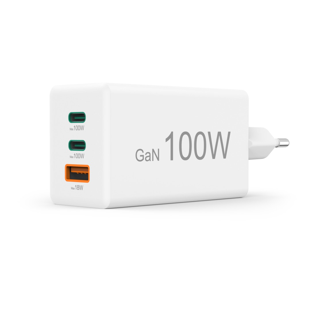 Cargador GaN 100W blanco con múltiples puertos. Texto gris en él.