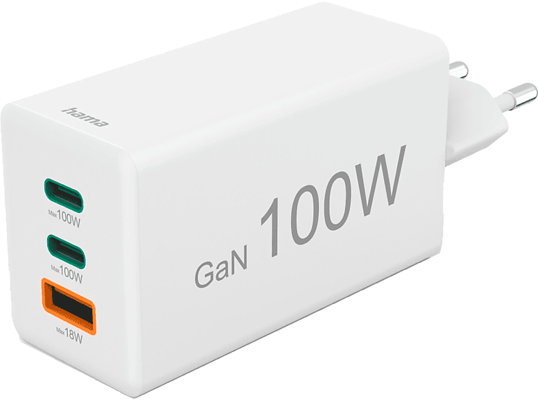 Cargador para portátil - Hama 00125140, Universal, 2xUSB-C+ 1xUSB-A, 100W, 220V, Enchufe Europeo, Blanco