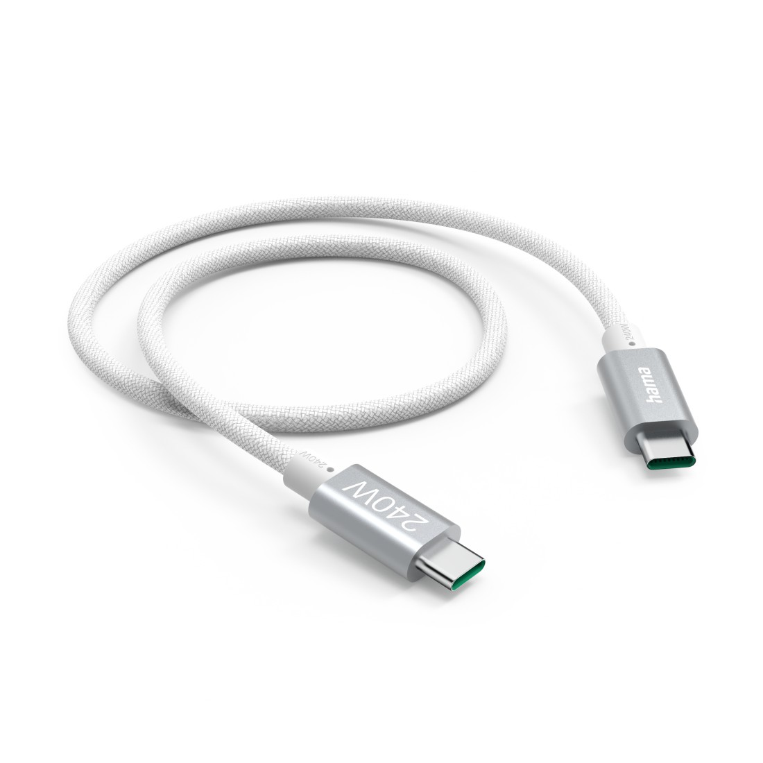 Cable USB-C blanco con conectores plateados. Un extremo dice 240W. El otro tiene 'hama'.
