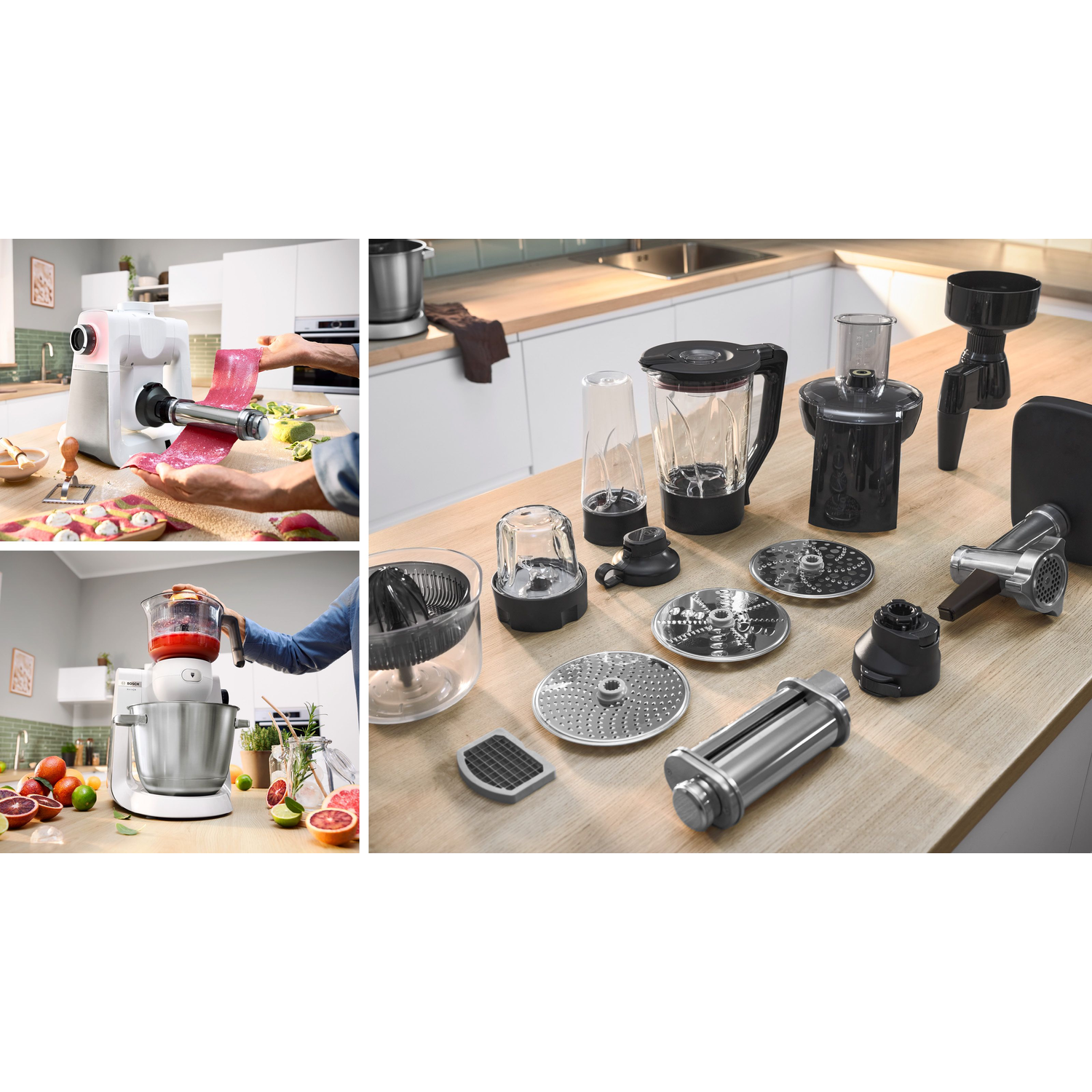 A kitchen scene features a food processor, various attachments, and a person using it. Citrus fruits and other ingredients are present.