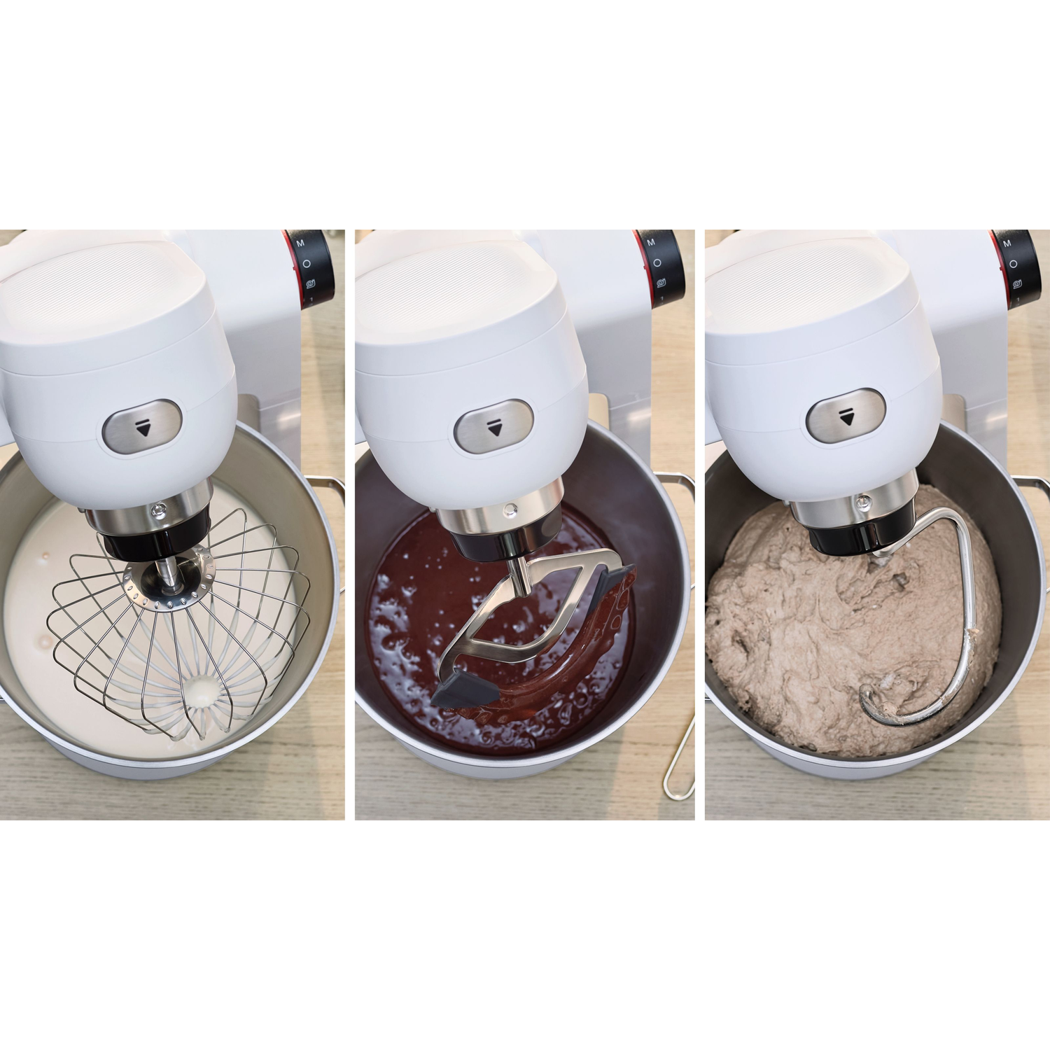 A white stand mixer in three stages. First, whisking white liquid. Second, mixing dark brown substance. Third, mixing dough.