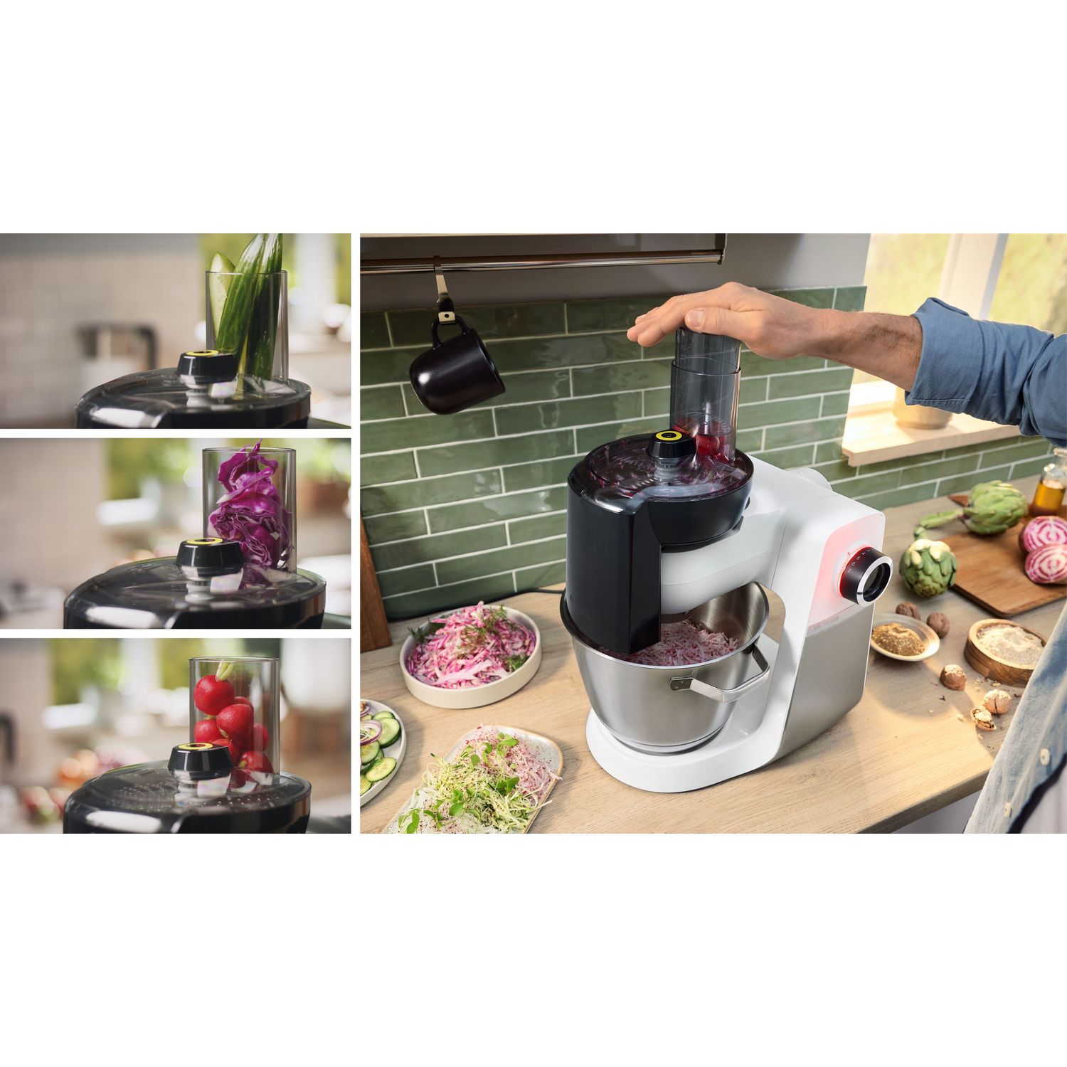 A food processor with vegetables in glass containers to the left. A person is using the food processor. Chopped vegetables are in bowls.