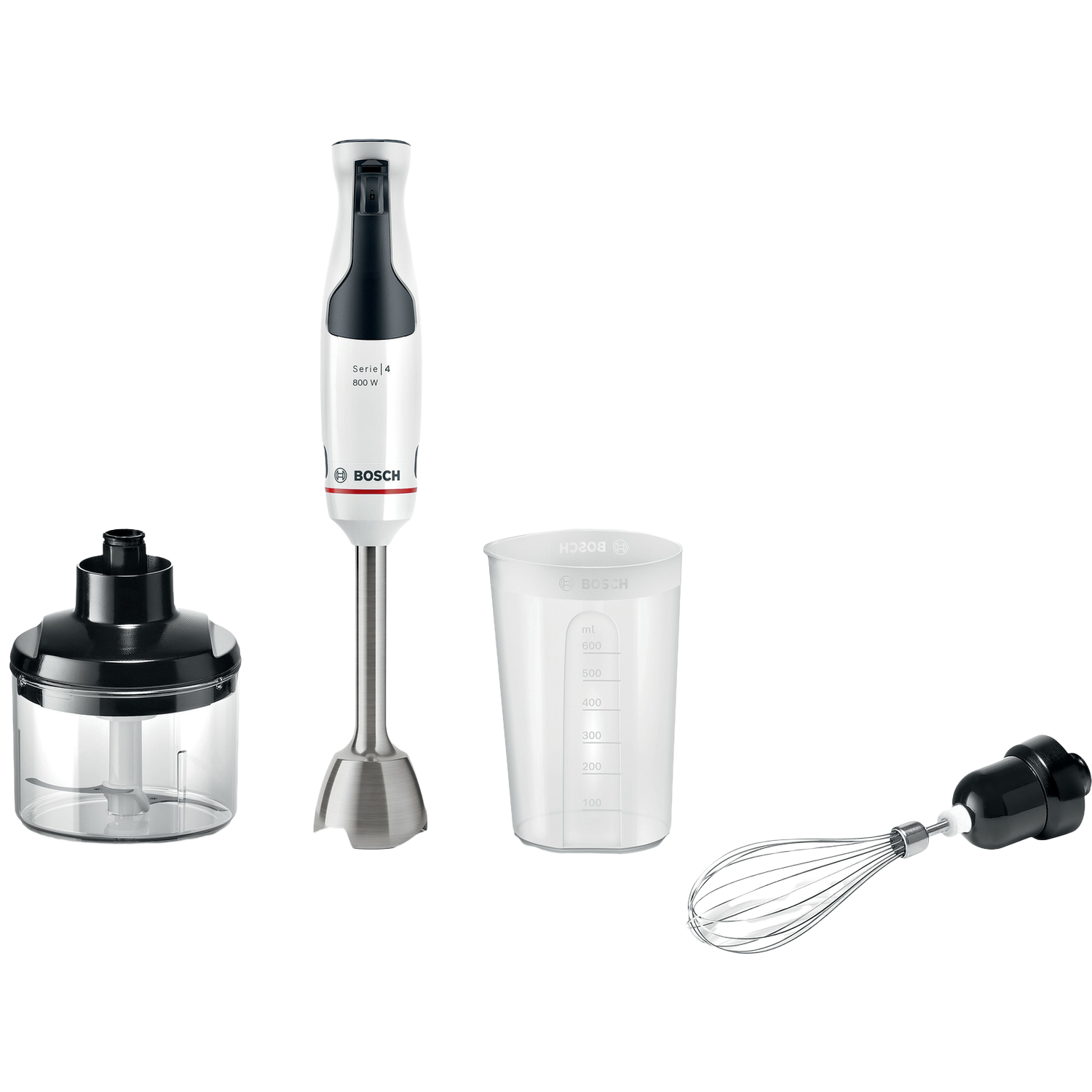 Witte staafmixer met zwart handvat, chopper, maatbeker en garde-accessoire.