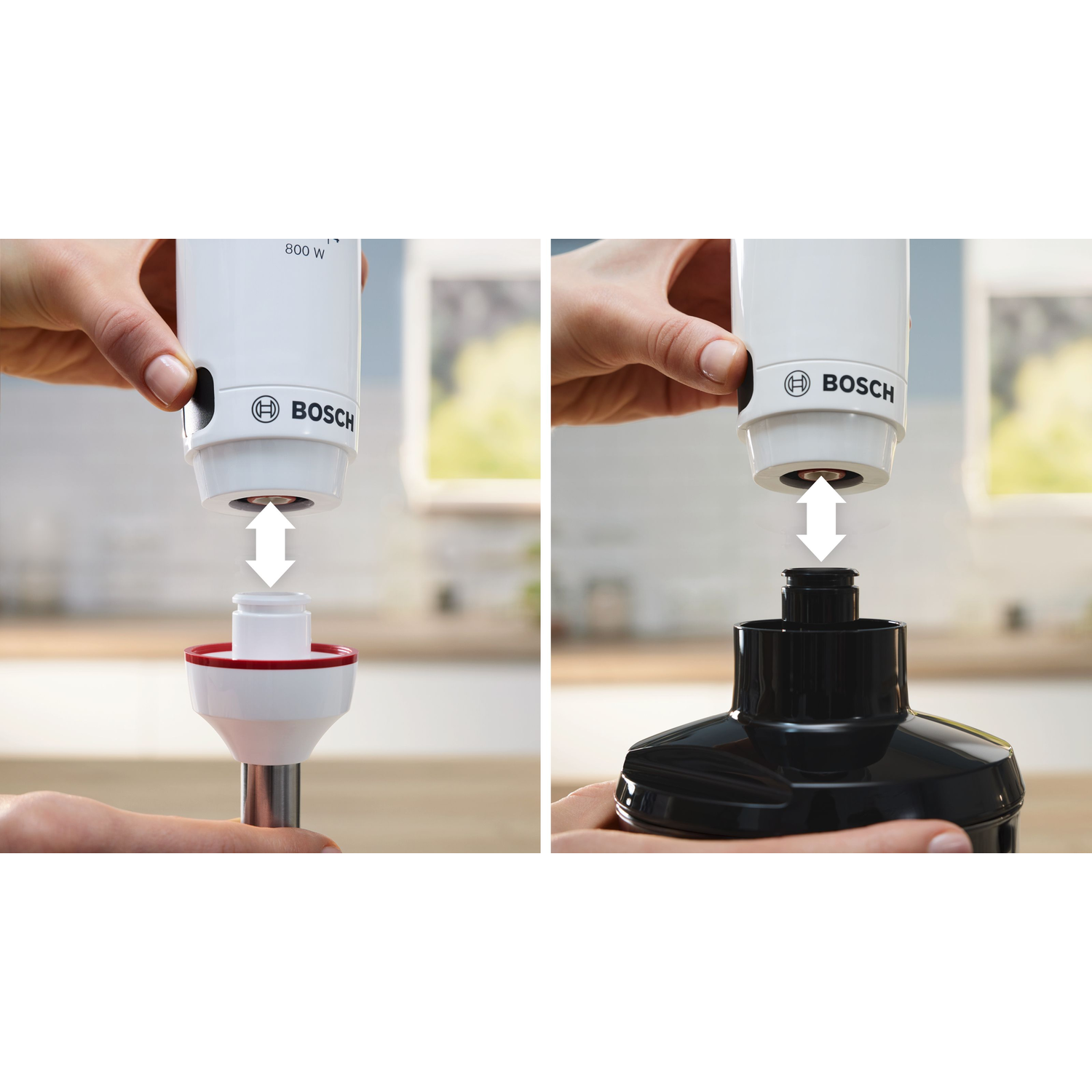 Handen die een Bosch staafmixer monteren. Links: witte blenderkop en rood-wit opzetstuk. Rechts: blenderkop en zwarte basis.