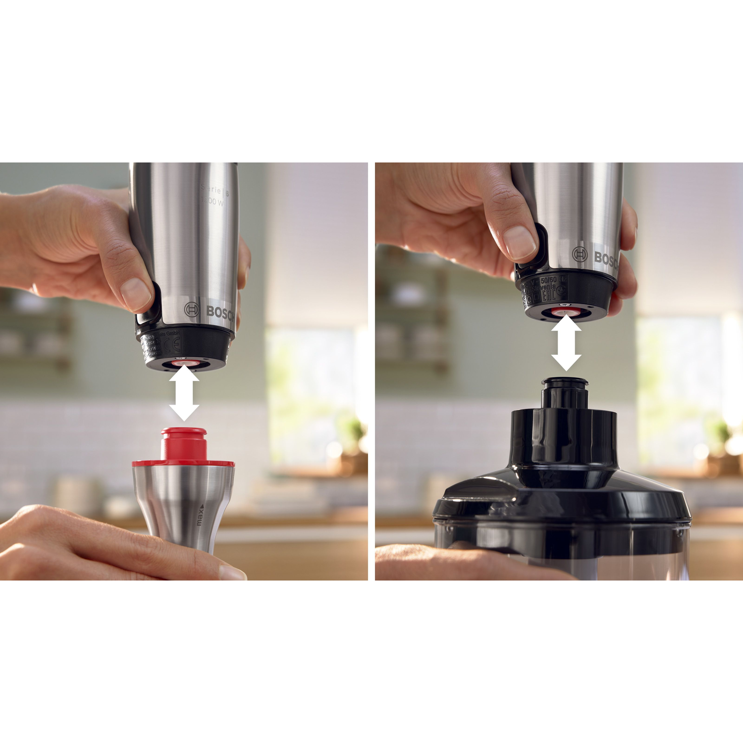 Two hands assembling a silver and black Bosch blender. One hand holds the motor, the other holds the blending cup.