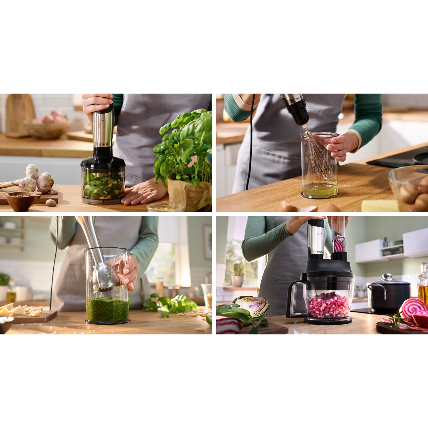 Four images showing a person using a food processor. Ingredients like garlic, basil, eggs, and beets are being processed.