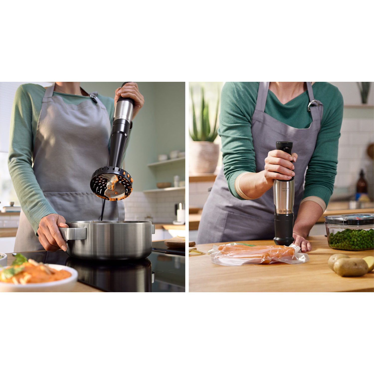 A person using a hand blender in the kitchen. There is a pot of food and vegetables on the table.