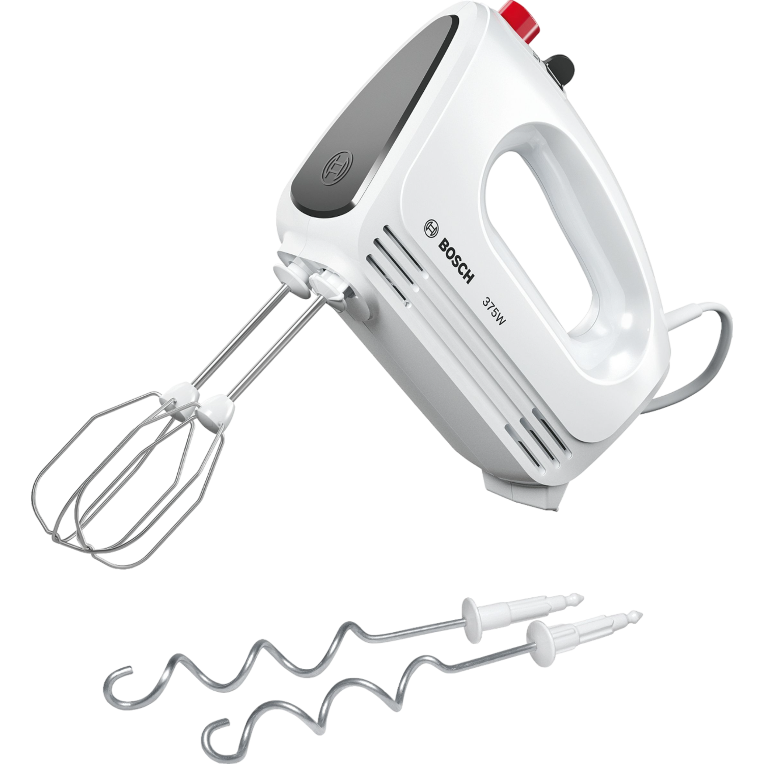 Een witte Bosch handmixer met twee sets opzetstukken, één om te kloppen en één om te mixen, tegen een zwarte achtergrond.