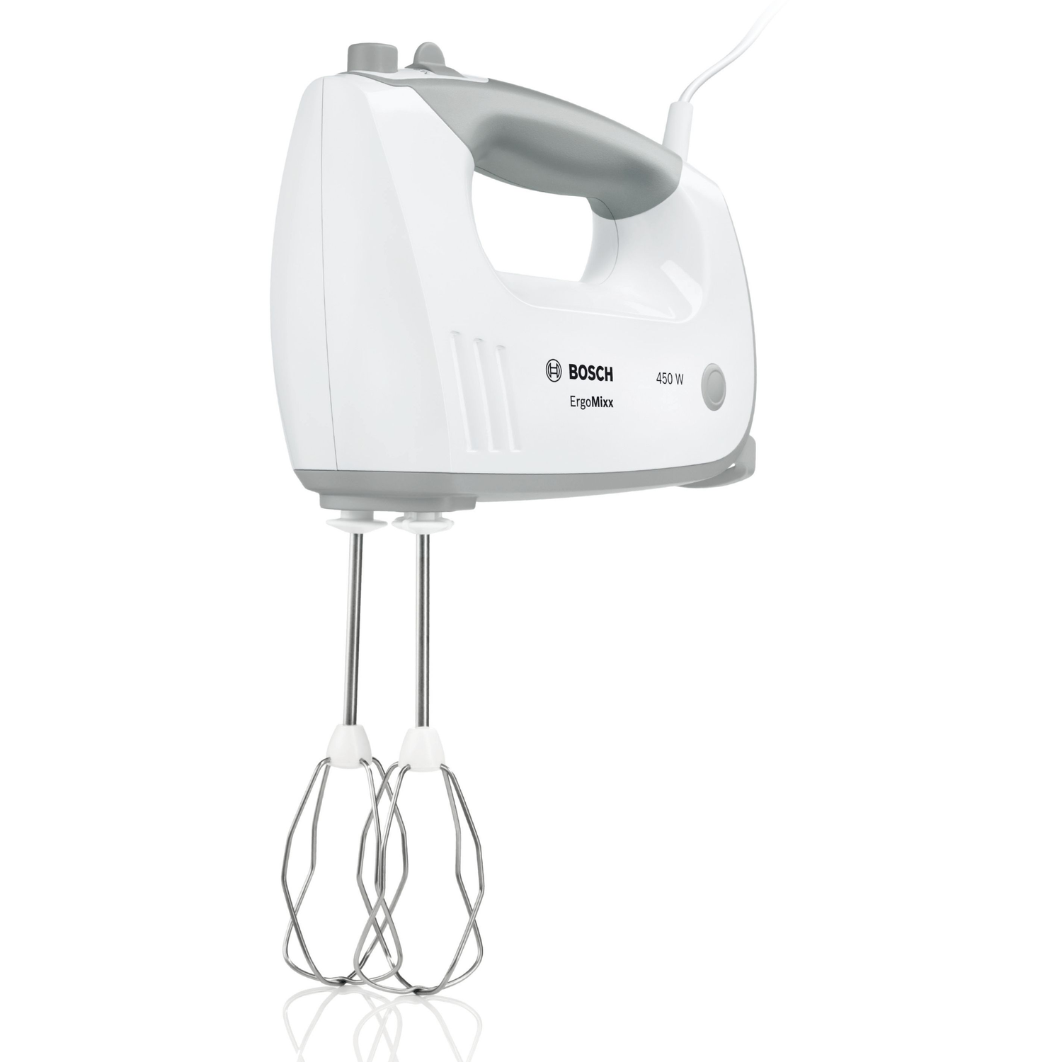 A white hand mixer with two beaters. It is on a white background.