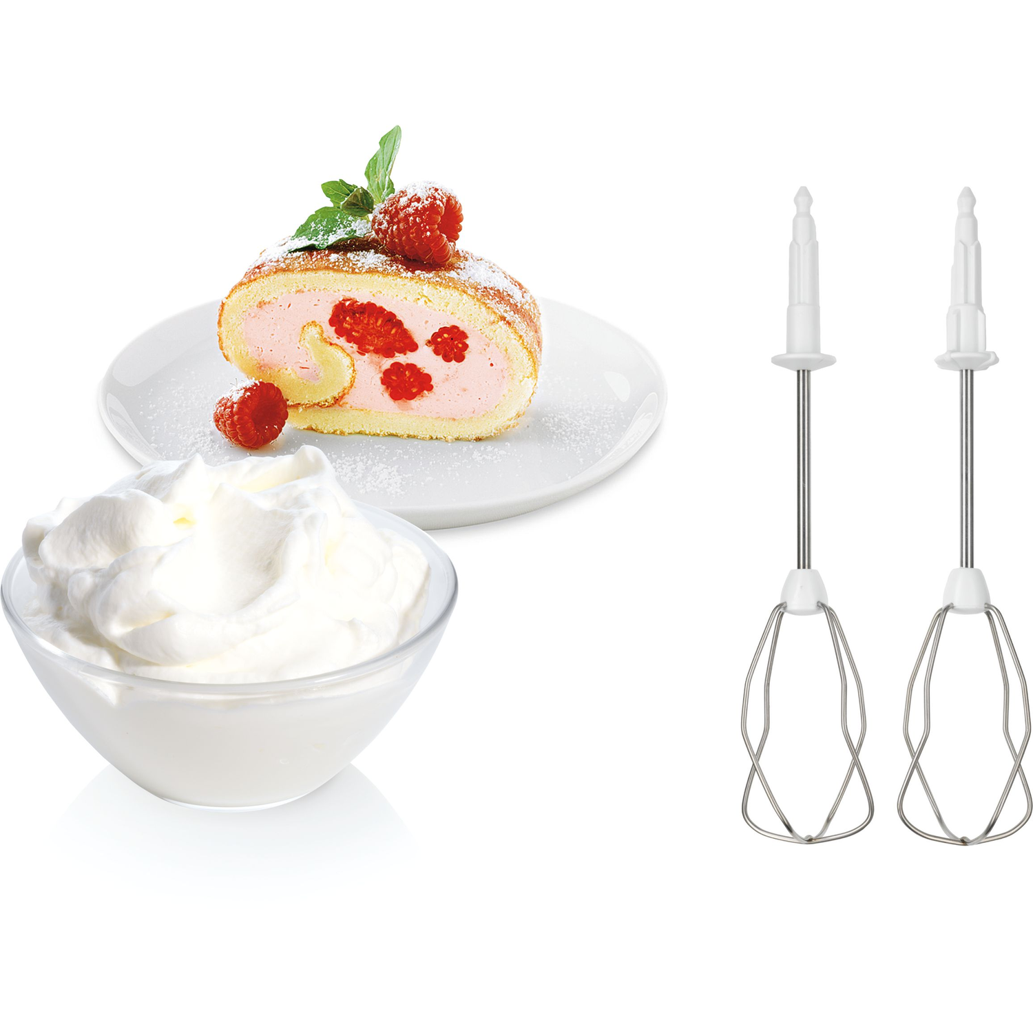 A slice of dessert roll, whipped cream, and two wire whisks on a white surface.