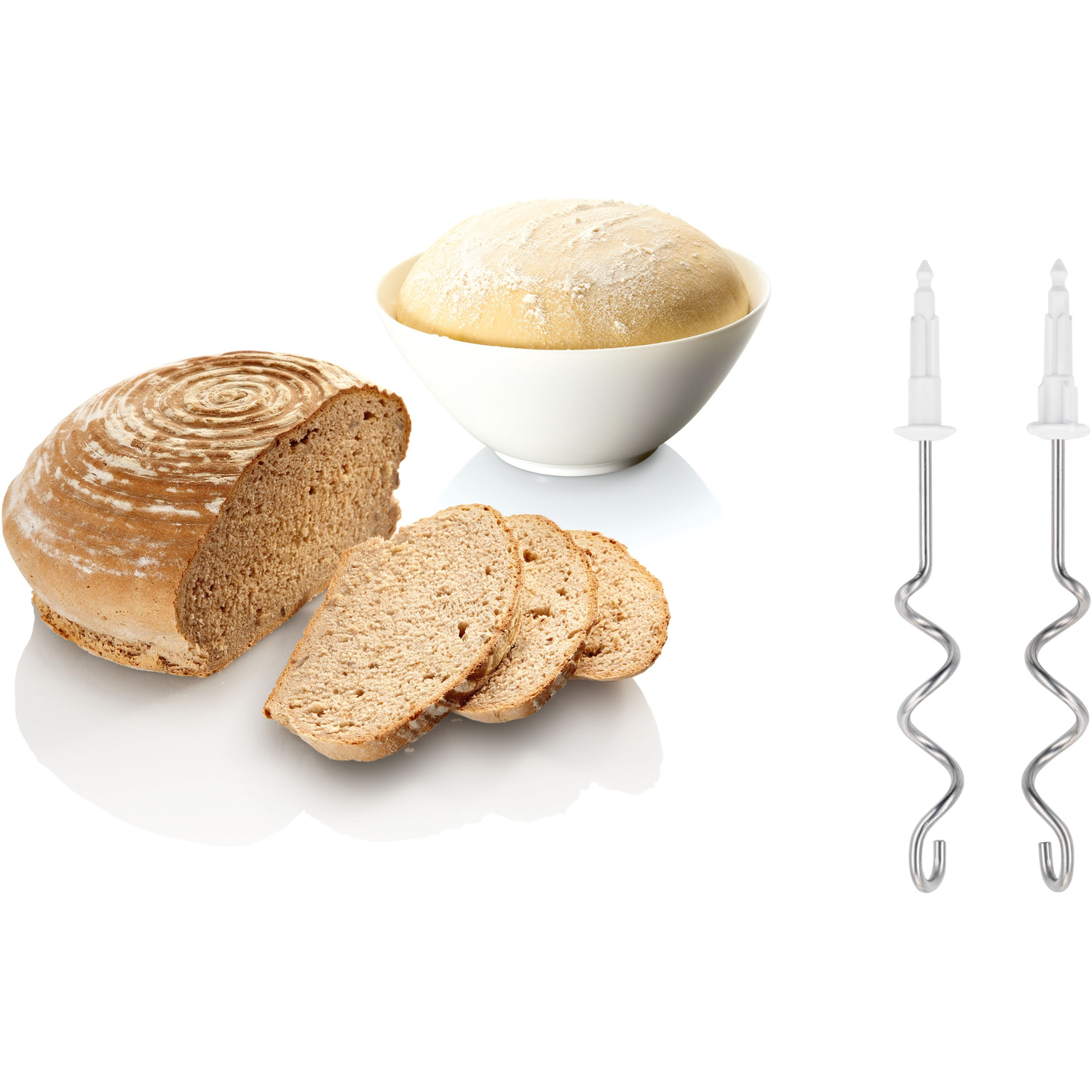 Sliced bread, a loaf of bread, and a bowl of dough. Two mixing hooks are on the right side.