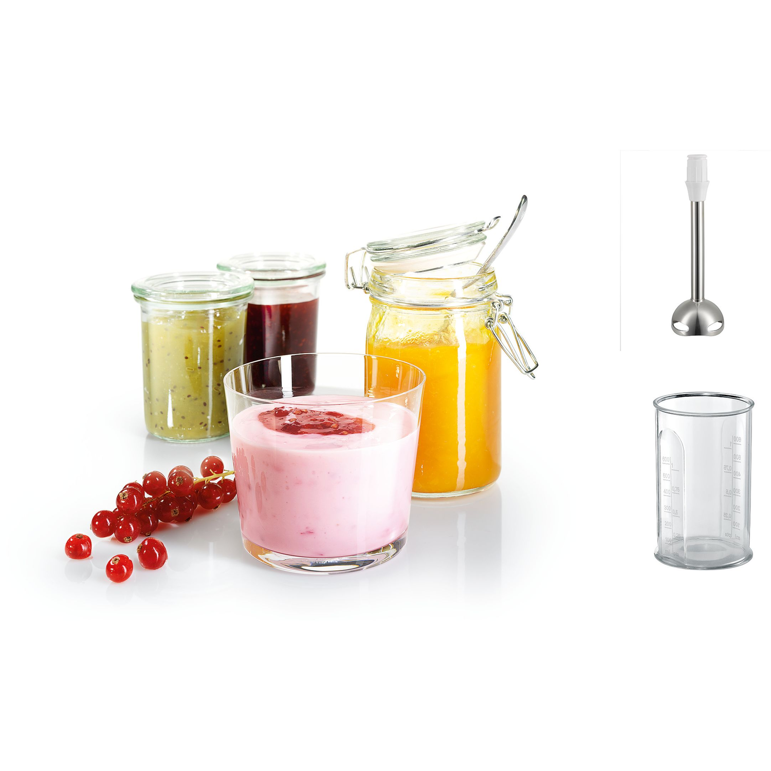 Smoothies and ingredients: jars with fruit, berries, blender, and a glass.