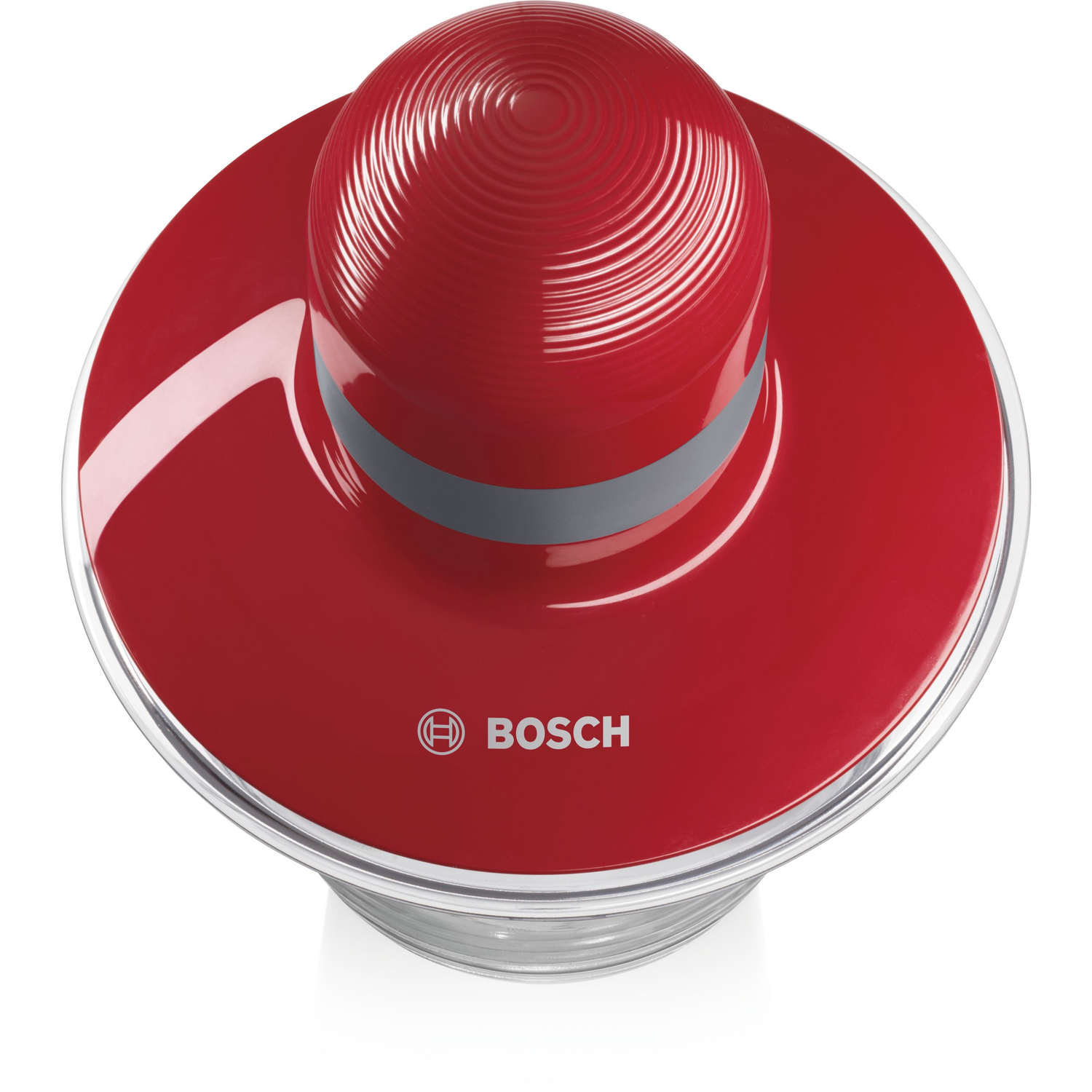 A red Bosch food processor from above. It has a red top and a clear base.