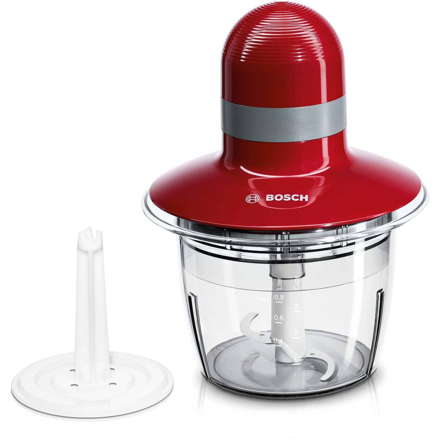 Red and clear food chopper with white base and parts. Bosch logo is visible. White background.