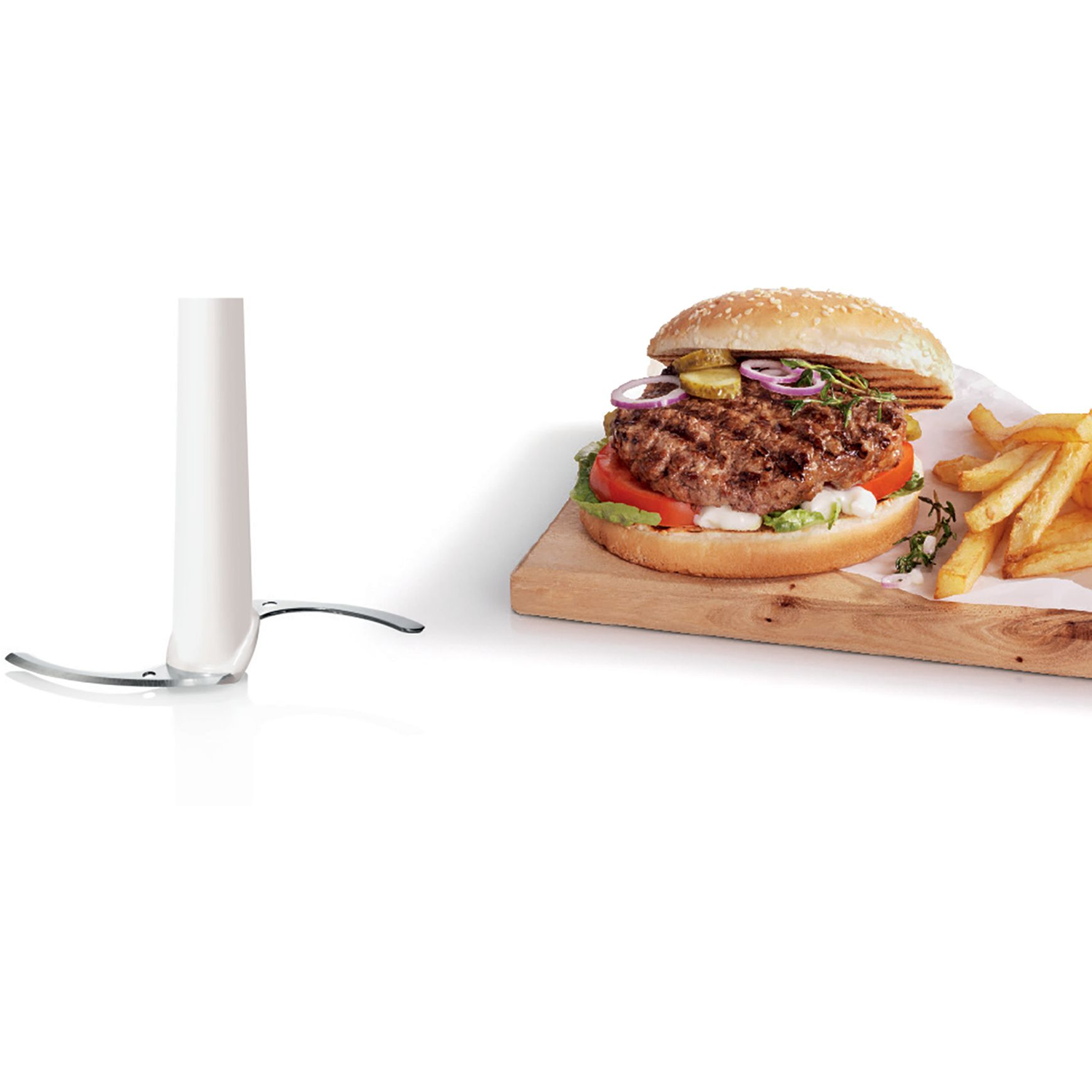Burger with fries on a wooden board, with a detached blade.