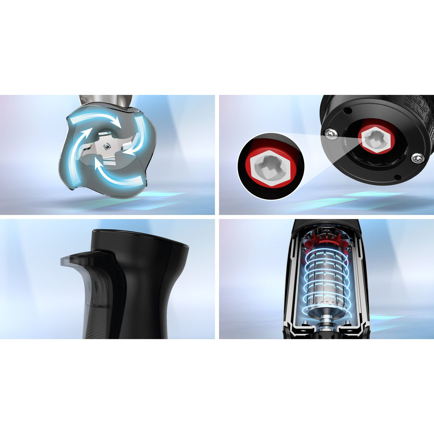 Close-up images of a shaver showing the blades, head, and internal components.