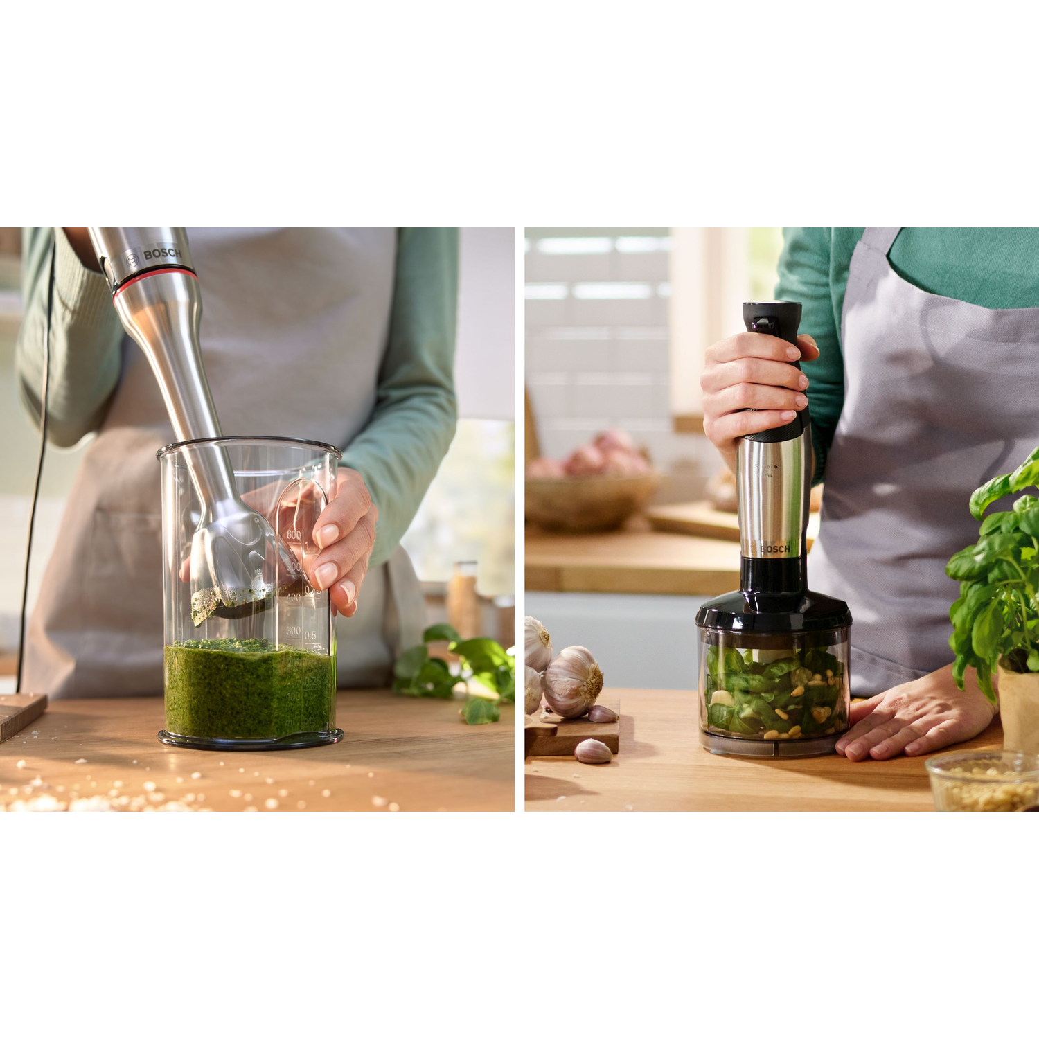 Two images showing a person using a hand blender to make pesto. One in a glass, one in a bowl.