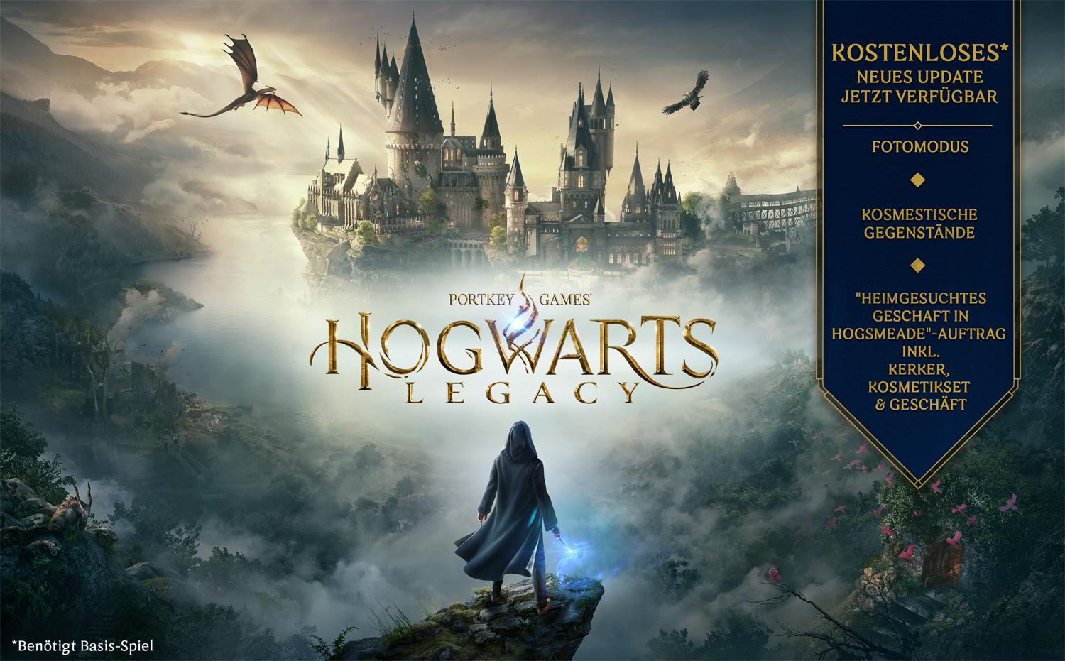 Hogwarts Legacy-Spiel-Cover. Eine Figur steht vor Schloss Hogwarts mit einem Stab.