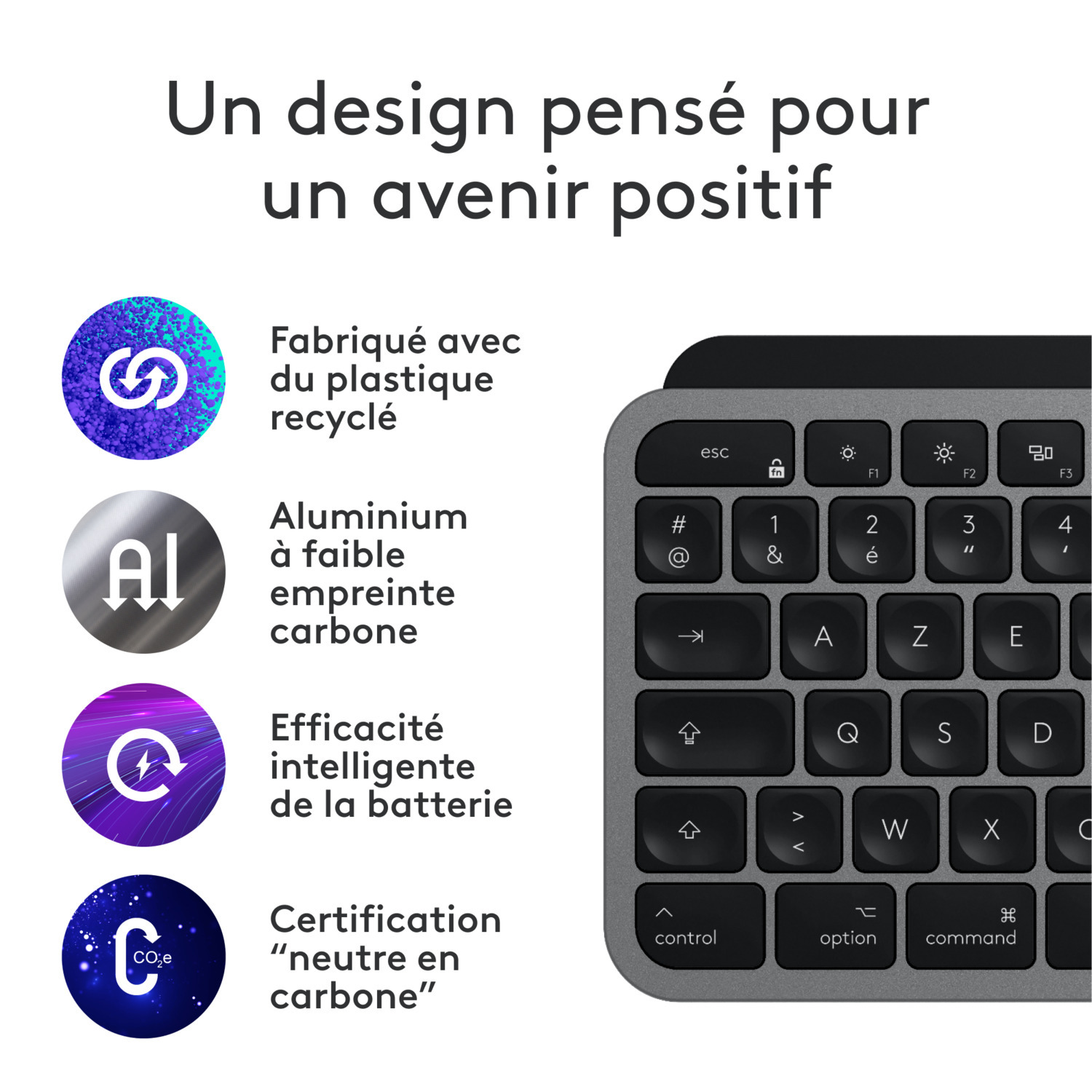 Un clavier avec des touches et des icônes détaillant le plastique recyclé, l'aluminium, la batterie et la certification carbone.