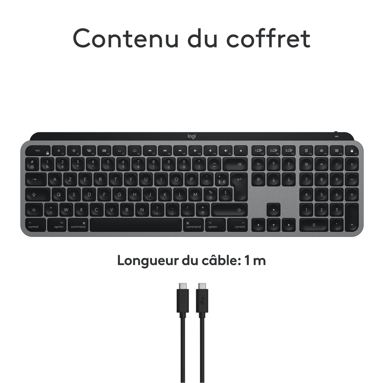 Clavier et câble, fond blanc, vue de dessus avec texte.
