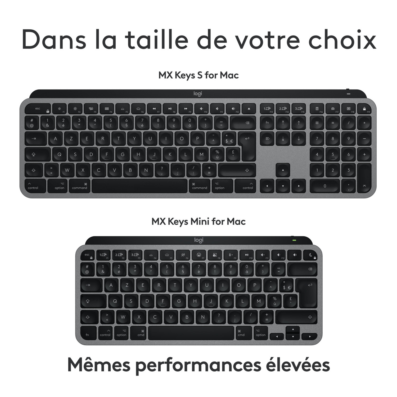 Claviers, MX Keys S pour Mac et MX Keys Mini pour Mac, avec texte en français.